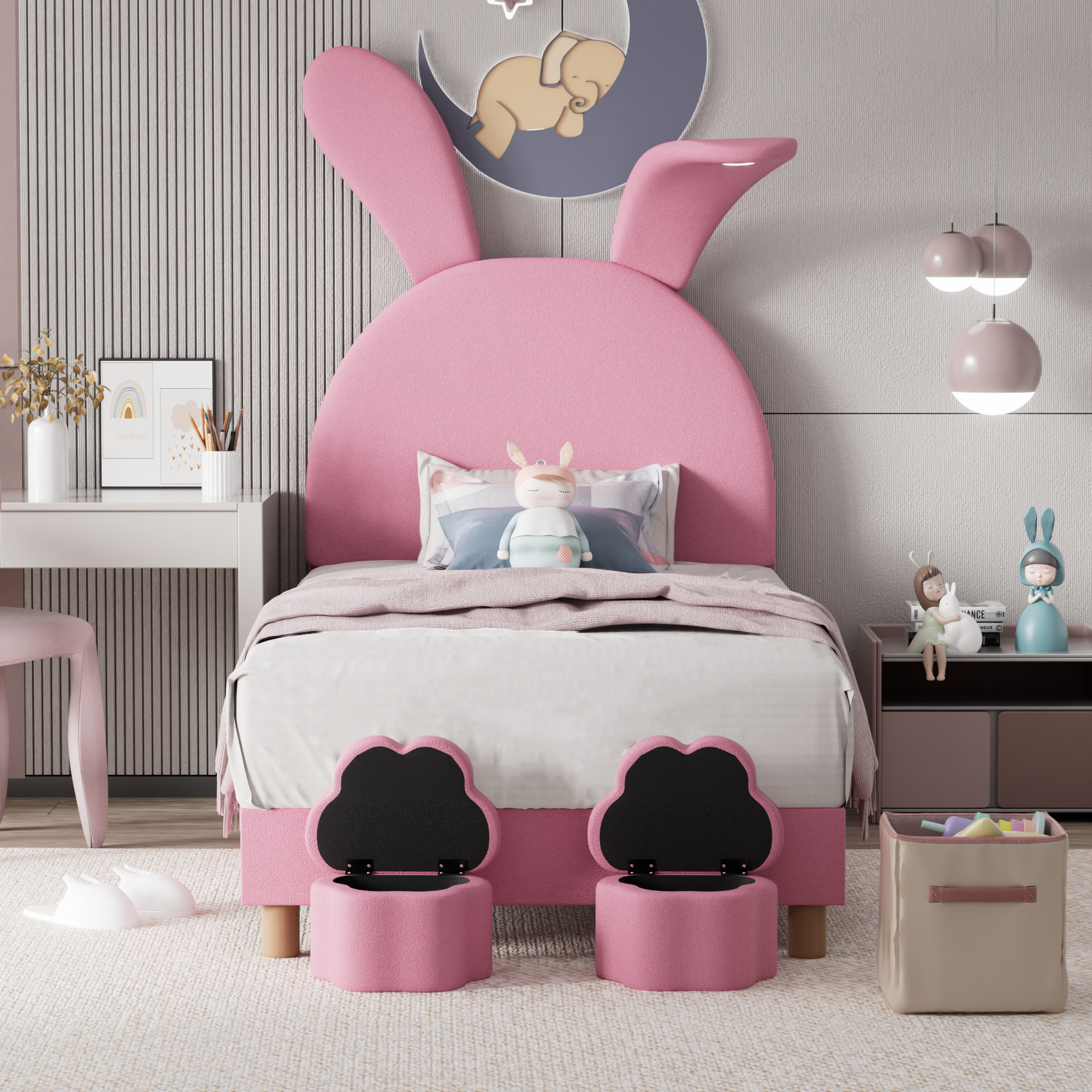 Upholstered Bed with Storage Stools, LED Lighting and Bunny Ears, Pink French Velvet