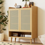 Natural rattan shoe cabinet, 2 doors and 5 shelves, with wooden handles and solid wood legs, 80x105x35 cm