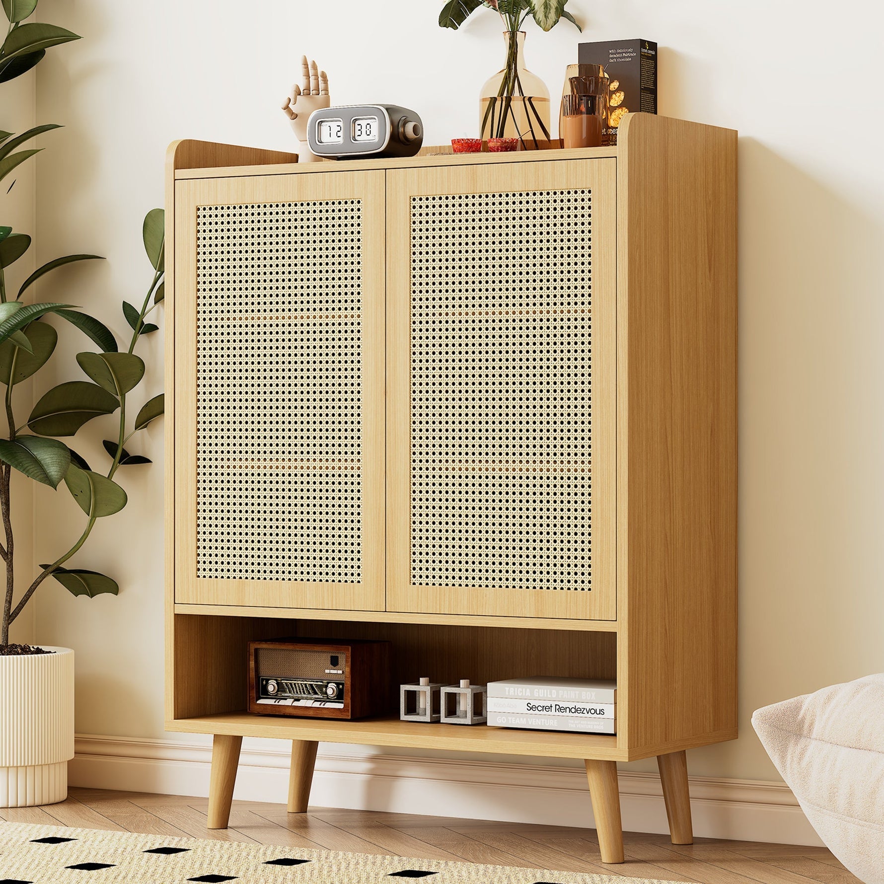 Natural rattan shoe cabinet, 2 doors and 5 shelves, with wooden handles and solid wood legs, 80x105x35 cm