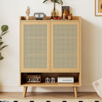 Natural rattan shoe cabinet, 2 doors and 5 shelves, with wooden handles and solid wood legs, 80x105x35 cm
