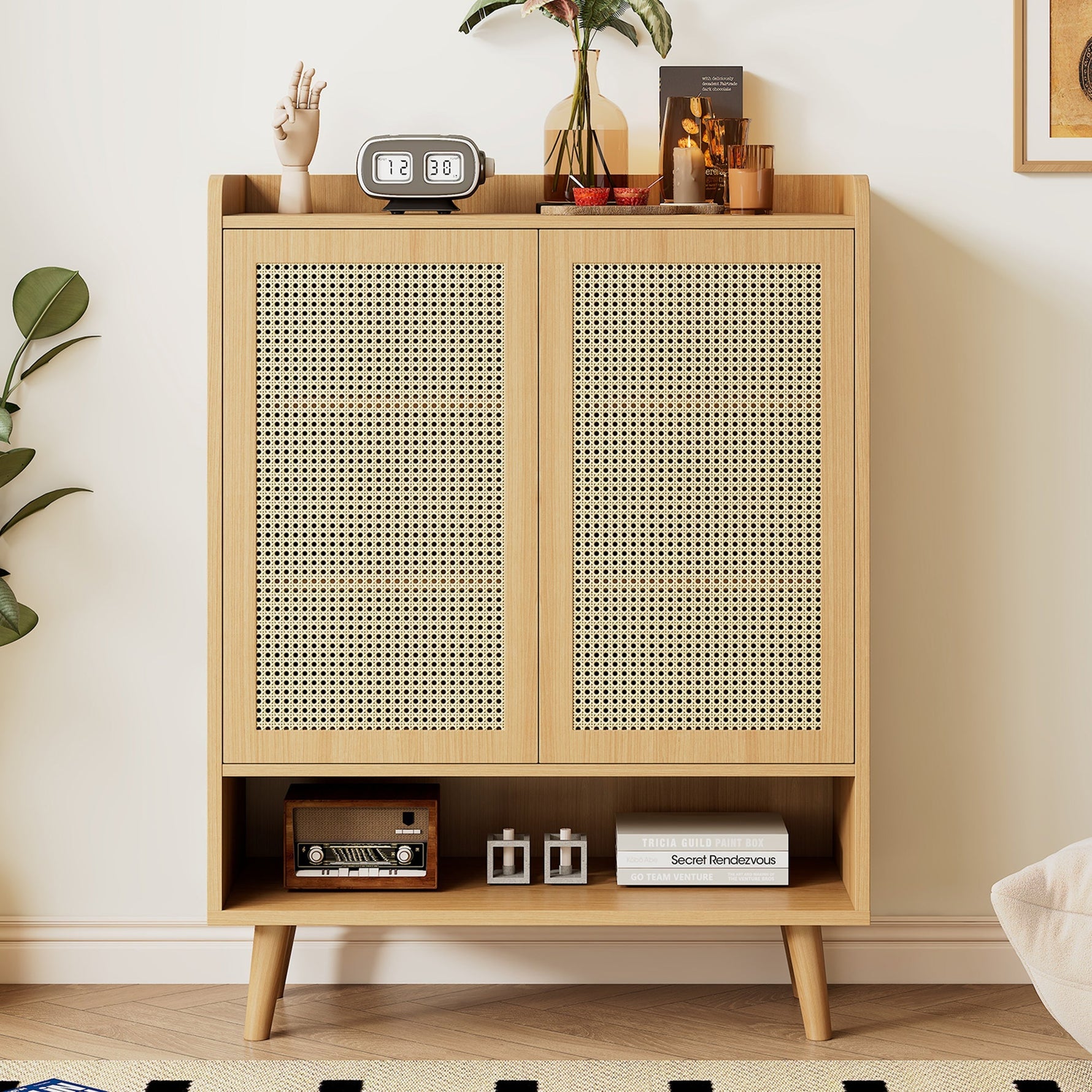Natural rattan shoe cabinet, 2 doors and 5 shelves, with wooden handles and solid wood legs, 80x105x35 cm