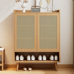 Natural rattan shoe cabinet, 2 doors and 5 shelves, with wooden handles and solid wood legs, 80x105x35 cm
