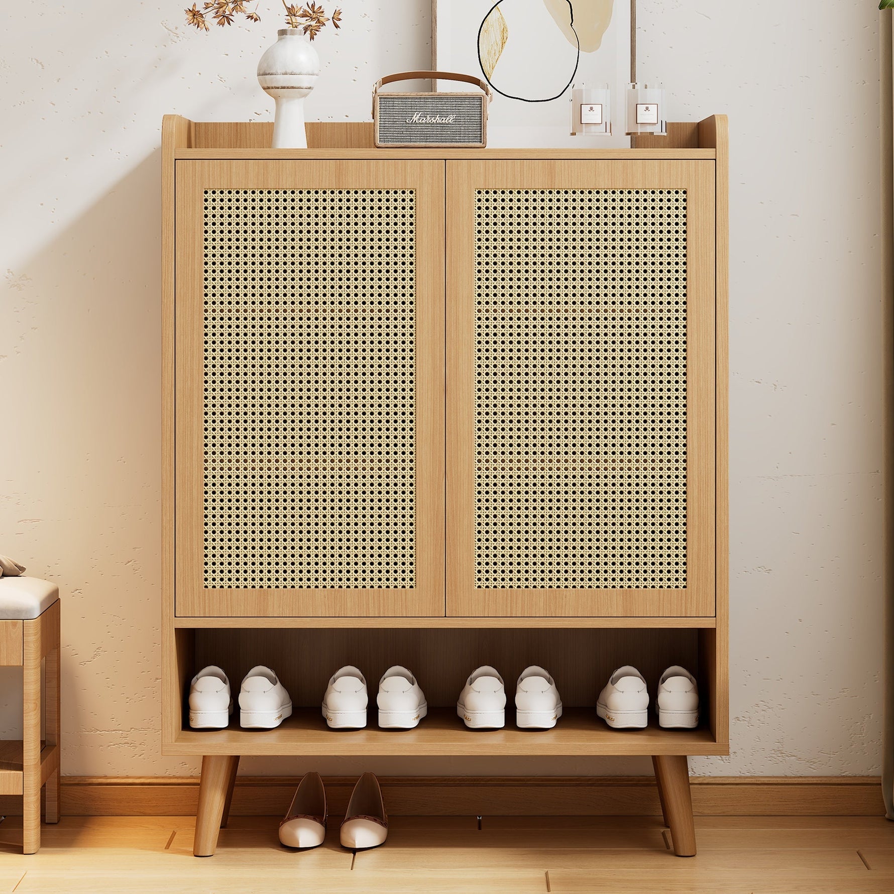 Natural rattan shoe cabinet, 2 doors and 5 shelves, with wooden handles and solid wood legs, 80x105x35 cm