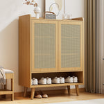 Natural rattan shoe cabinet, 2 doors and 5 shelves, with wooden handles and solid wood legs, 80x105x35 cm