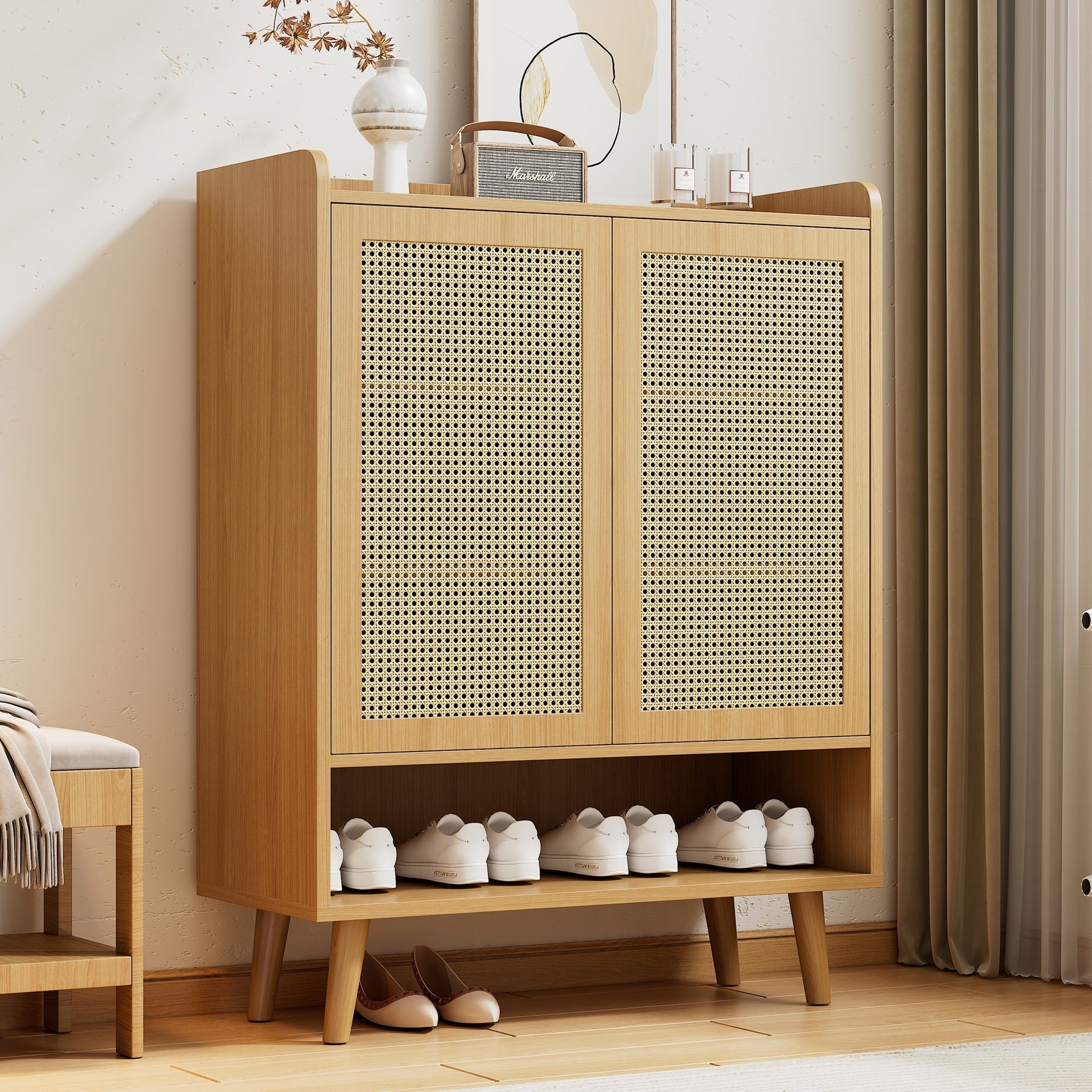 Natural rattan shoe cabinet, 2 doors and 5 shelves, with wooden handles and solid wood legs, 80x105x35 cm