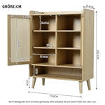 Natural rattan shoe cabinet, 2 doors and 5 shelves, with wooden handles and solid wood legs, 80x105x35 cm