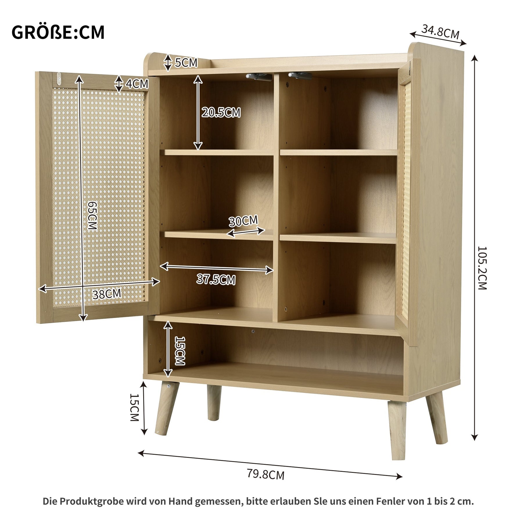 Natural rattan shoe cabinet, 2 doors and 5 shelves, with wooden handles and solid wood legs, 80x105x35 cm