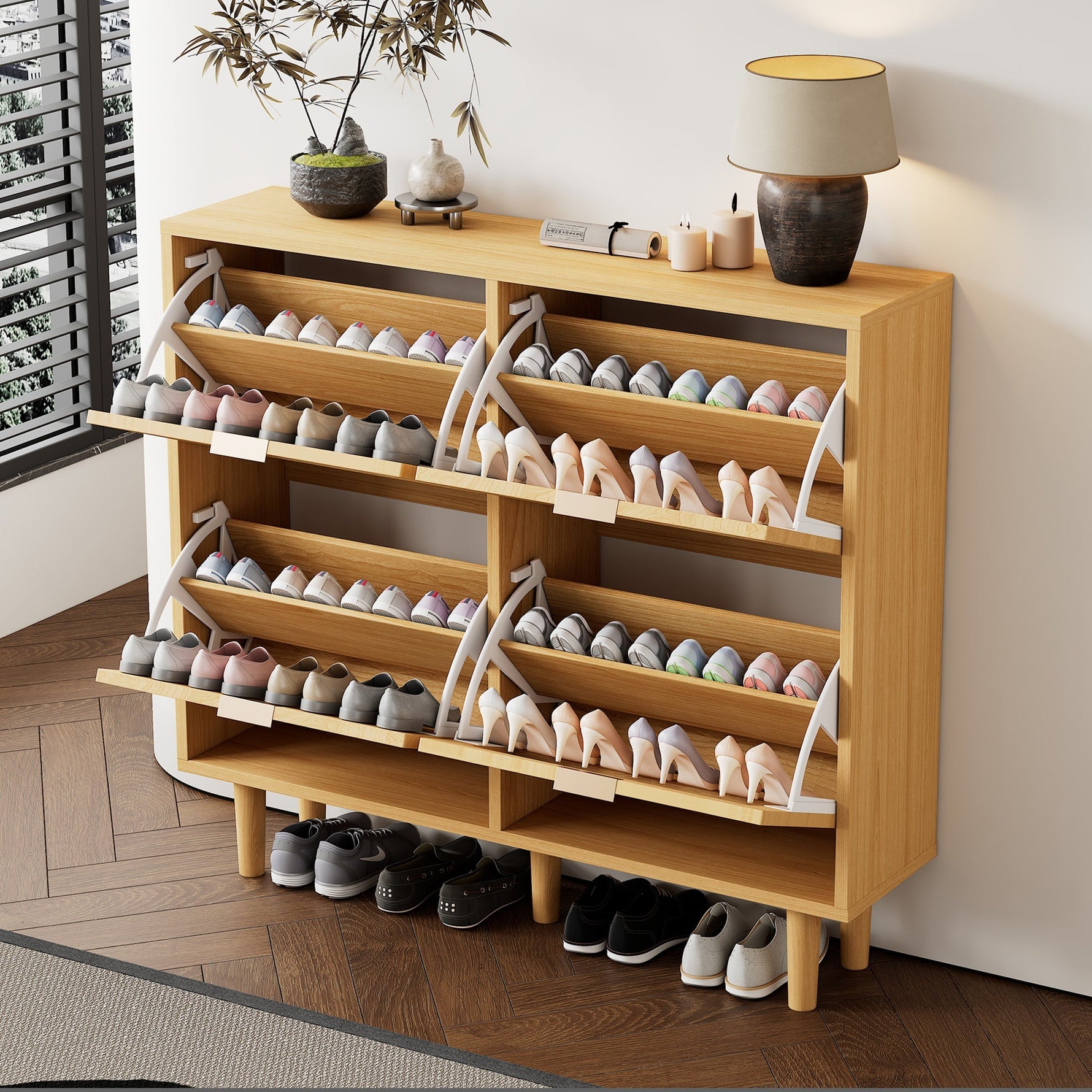 Shoe Cabinet with 4 Folding Drawers, Rattan and Wooden