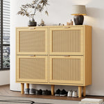 Shoe Cabinet with 4 Folding Drawers, Rattan and Wooden