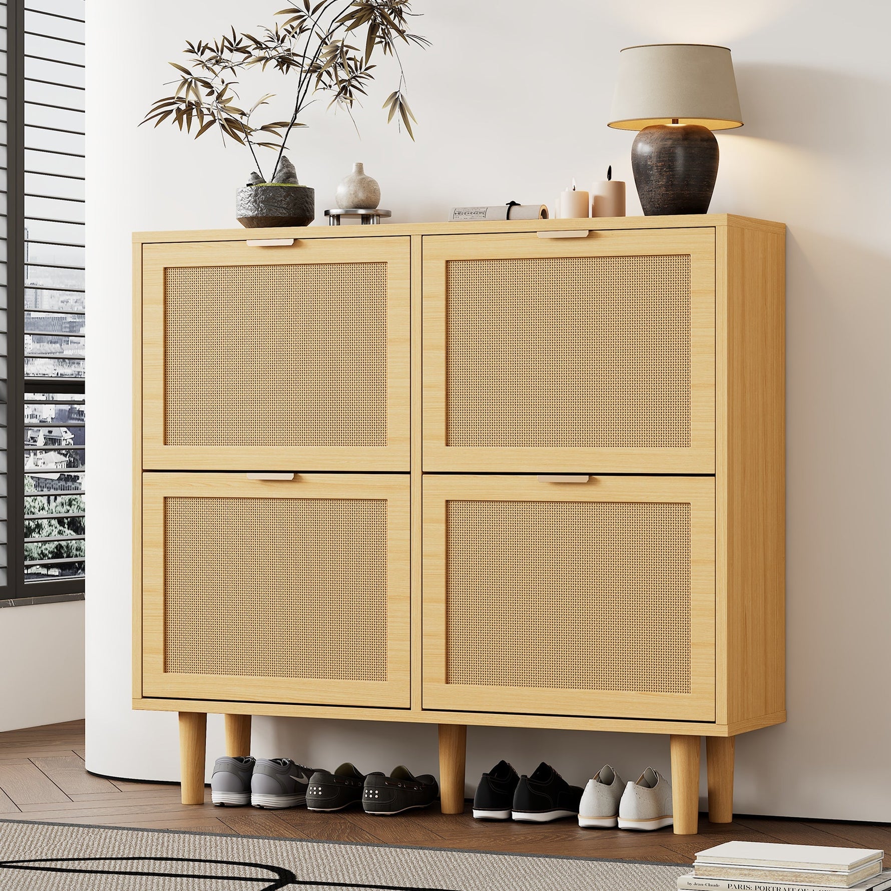 Shoe Cabinet with 4 Folding Drawers, Rattan and Wooden
