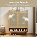 Natural rattan shoe cabinet, 2 doors and 5 shelves, with wooden handles and solid wood legs, 80x105x35 cm