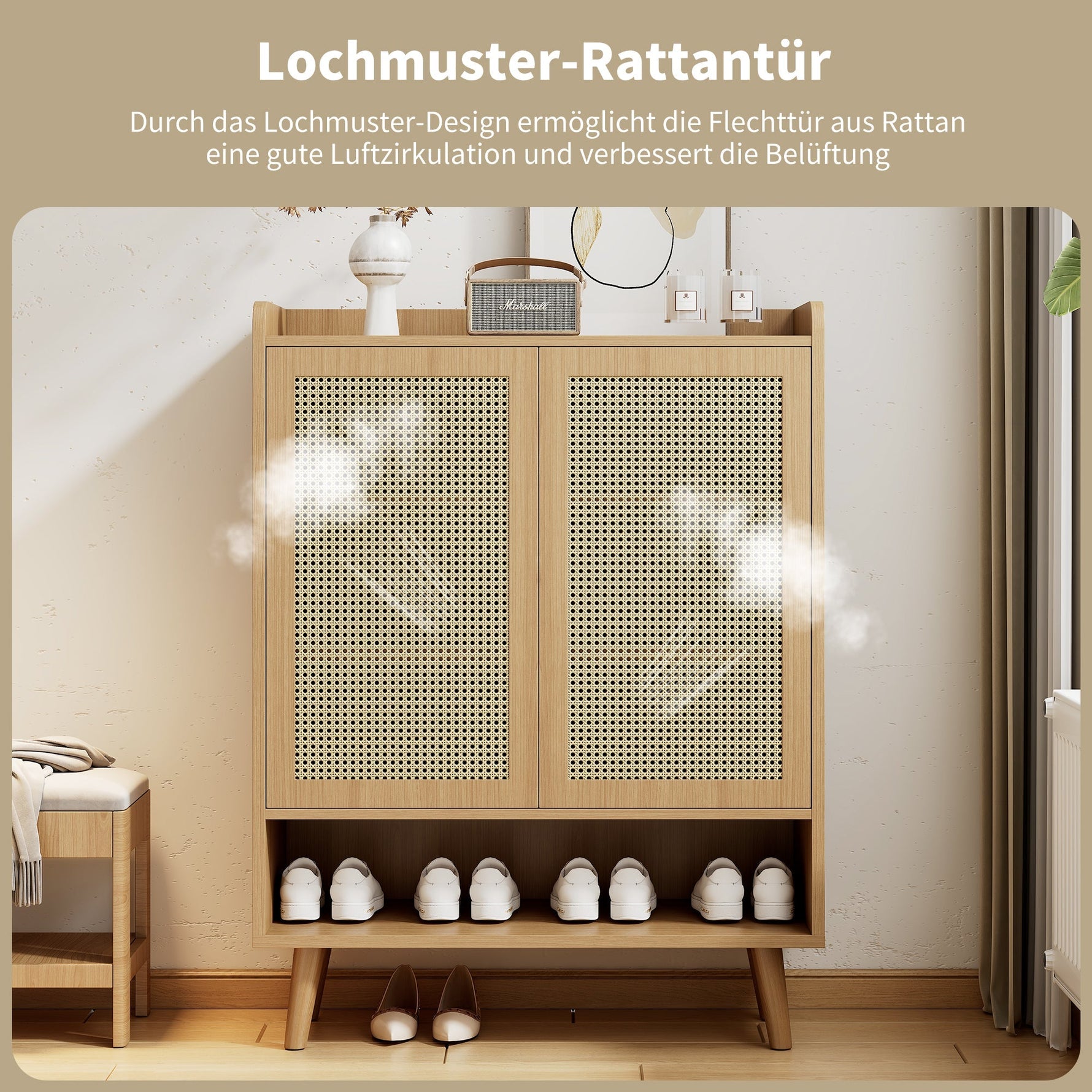 Natural rattan shoe cabinet, 2 doors and 5 shelves, with wooden handles and solid wood legs, 80x105x35 cm