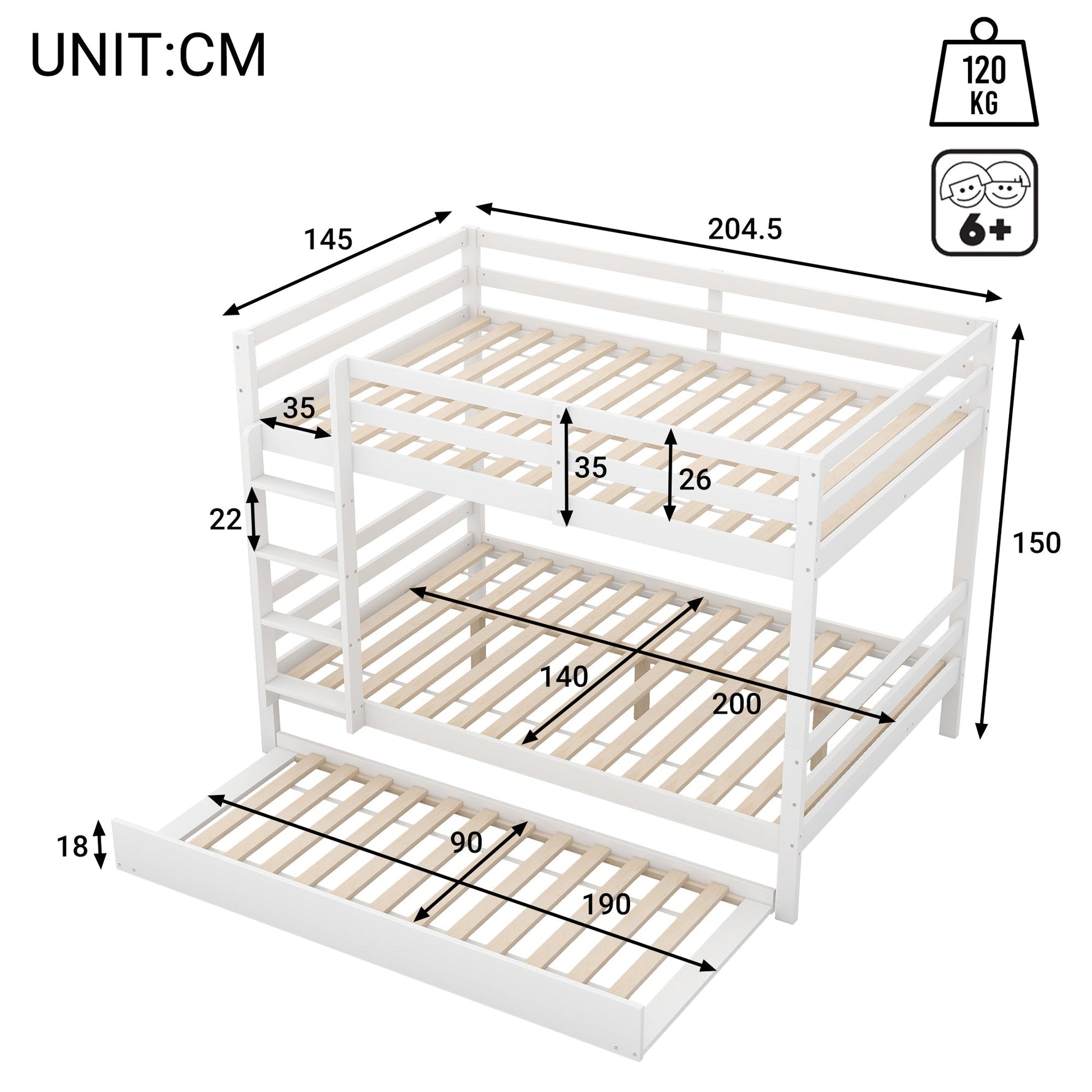 Bunk Bed 140x200cm Pull-Out Bed Sturdy Stairs - White