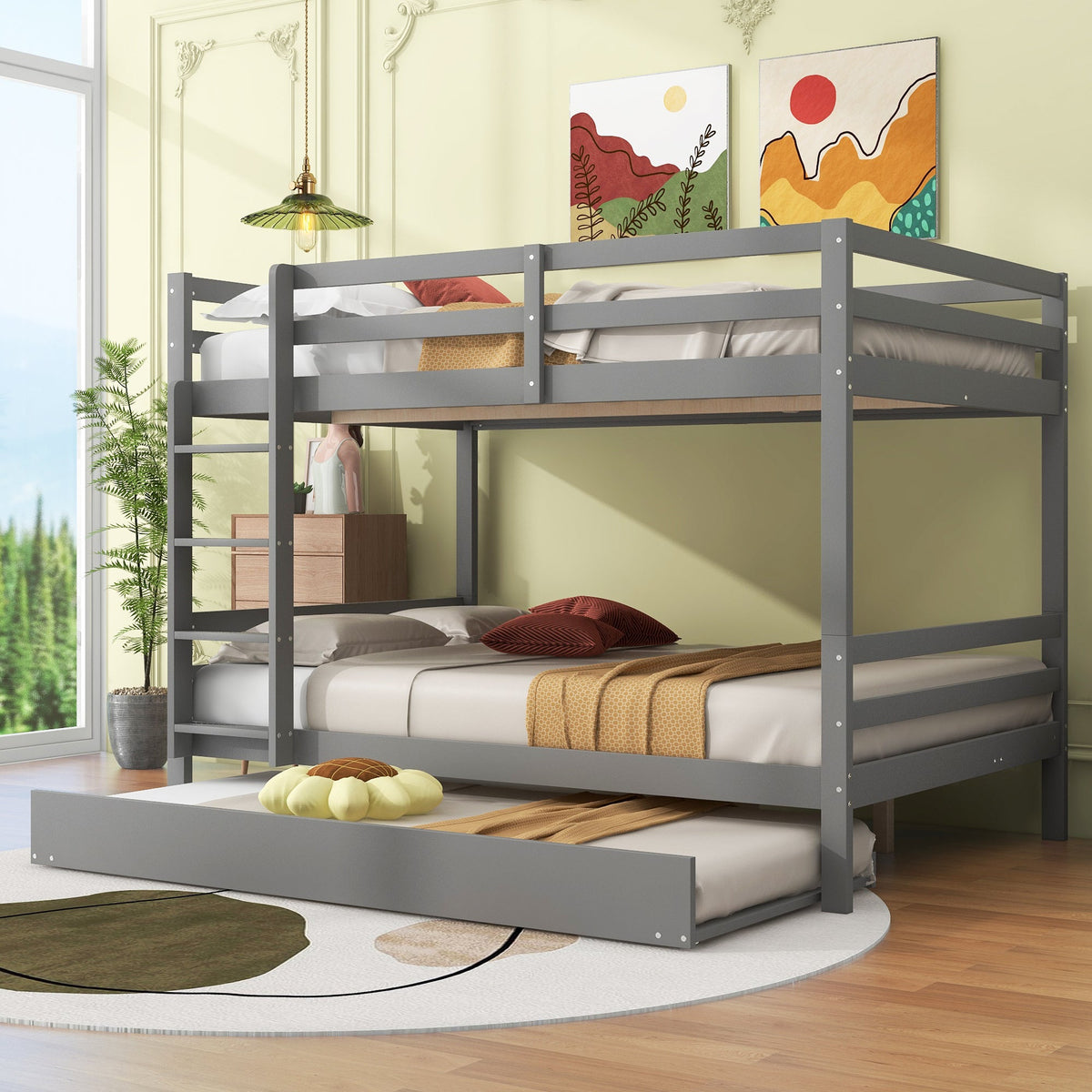 Bunk Bed 140x200cm Pull-Out Bed Stairs High Railings - Grey