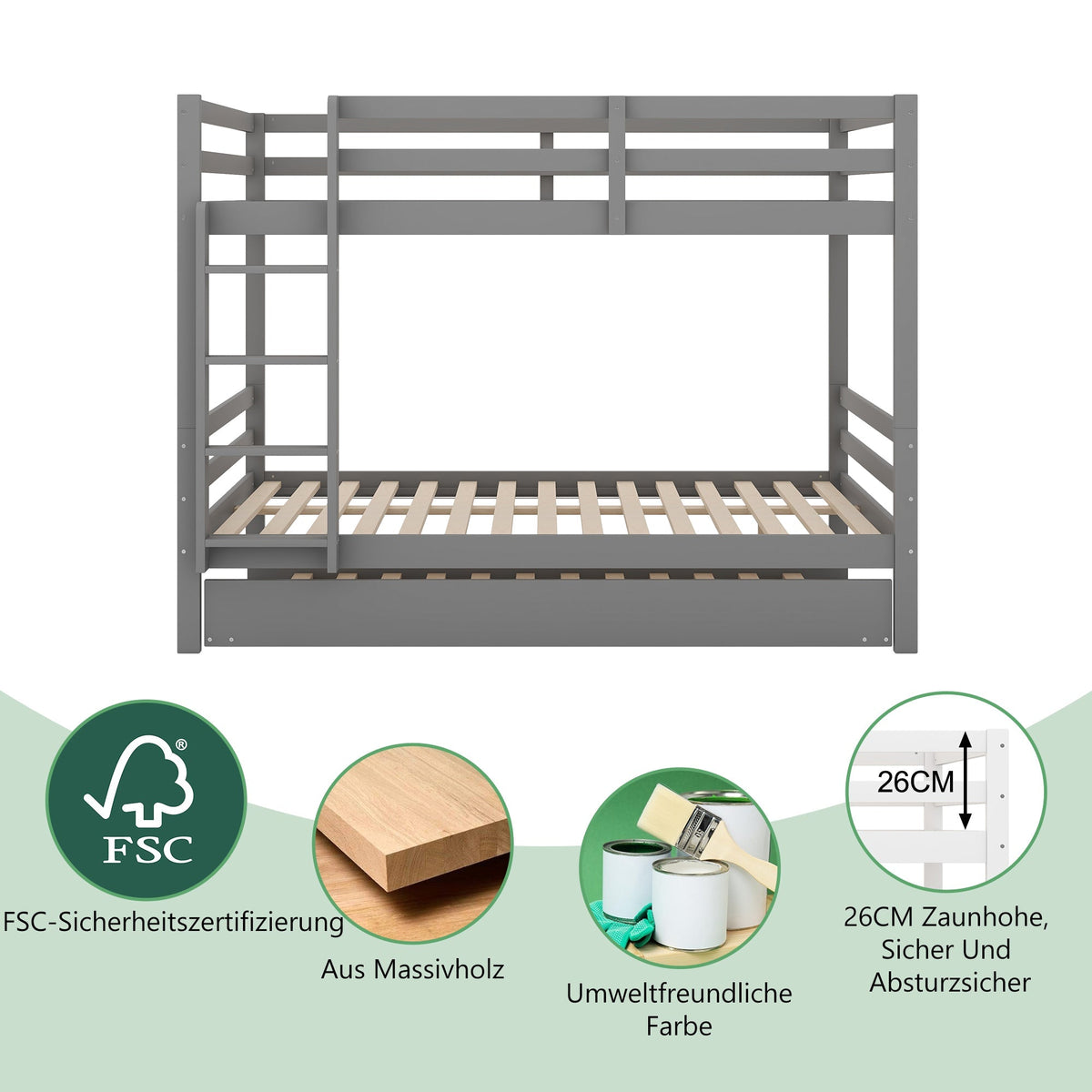 Bunk Bed 140x200cm Pull-Out Bed Stairs High Railings - Grey