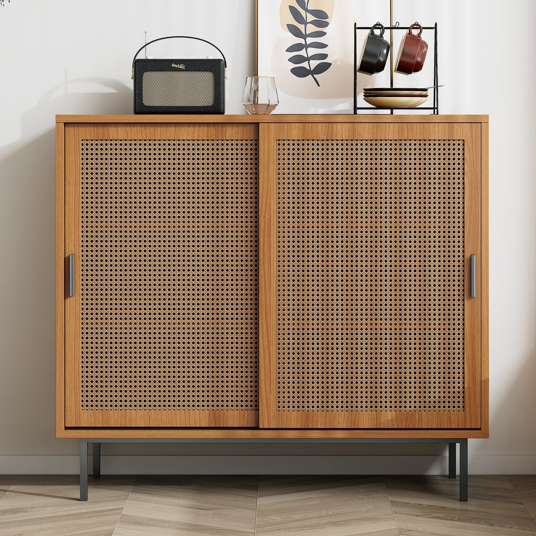 Sideboard kitchen cabinet, chest of drawers with 2 sliding doors and adjustable shelf