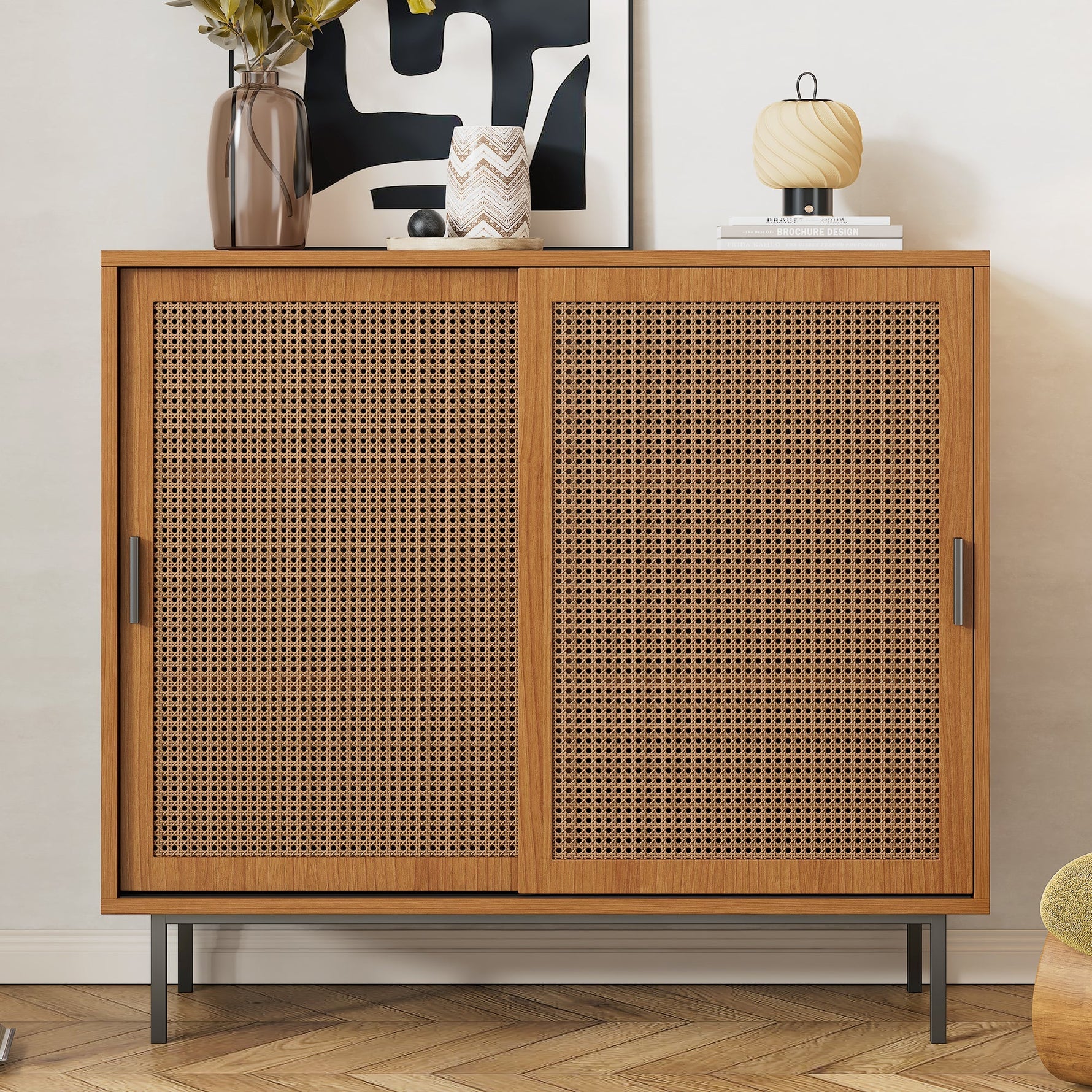 Sideboard kitchen cabinet, chest of drawers with 2 sliding doors and adjustable shelf