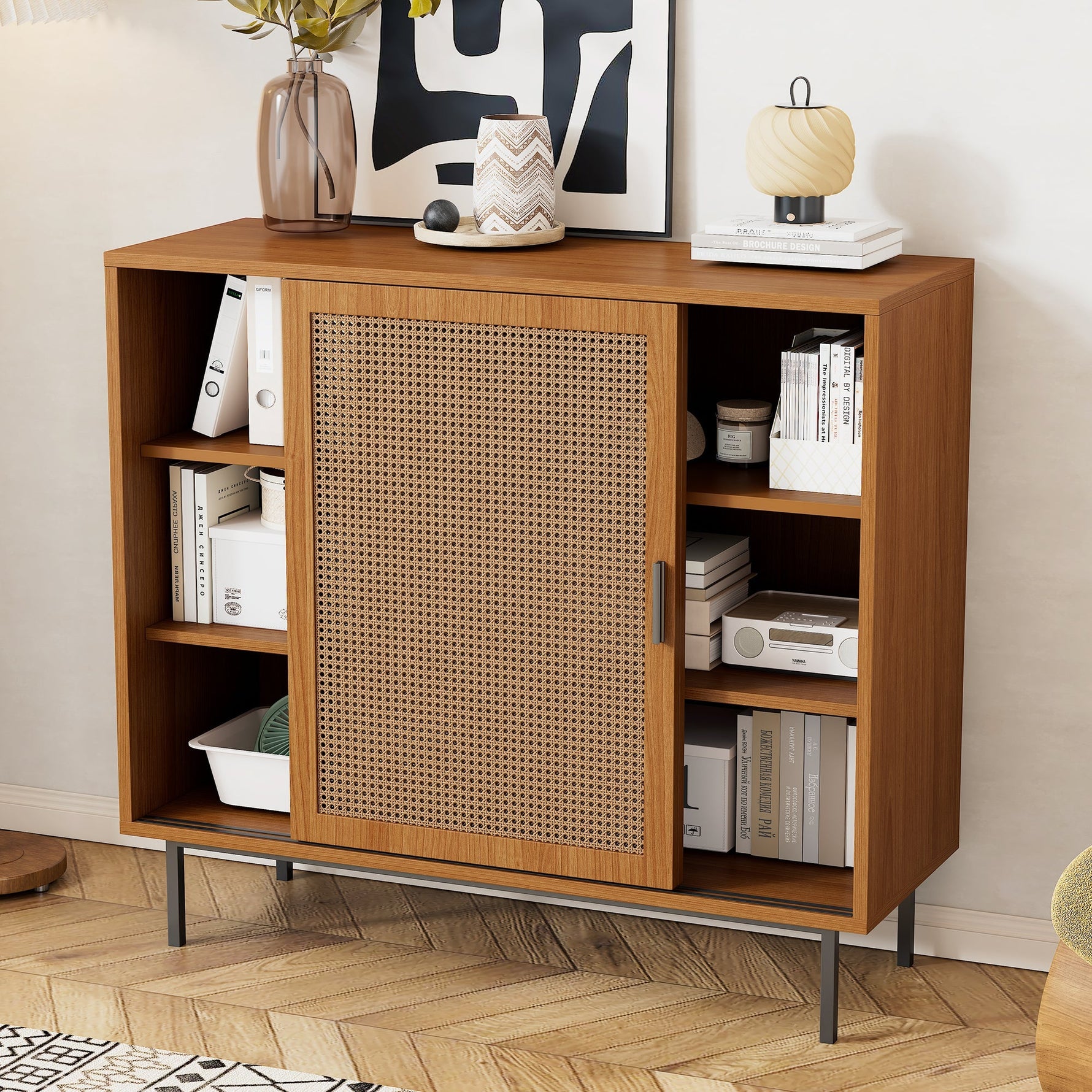Sideboard kitchen cabinet, chest of drawers with 2 sliding doors and adjustable shelf