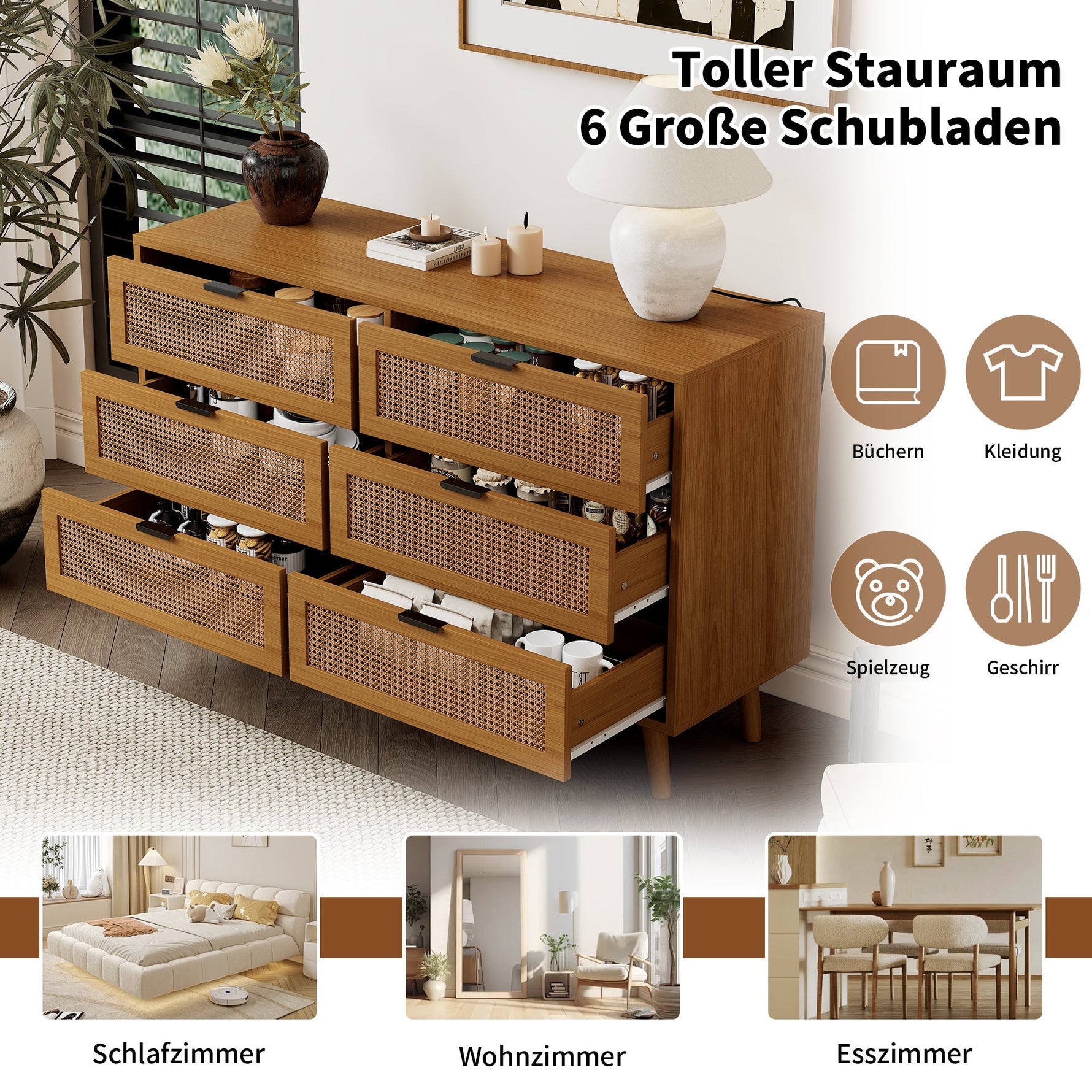 Chest of drawers 6 drawers with metal handles made of wood