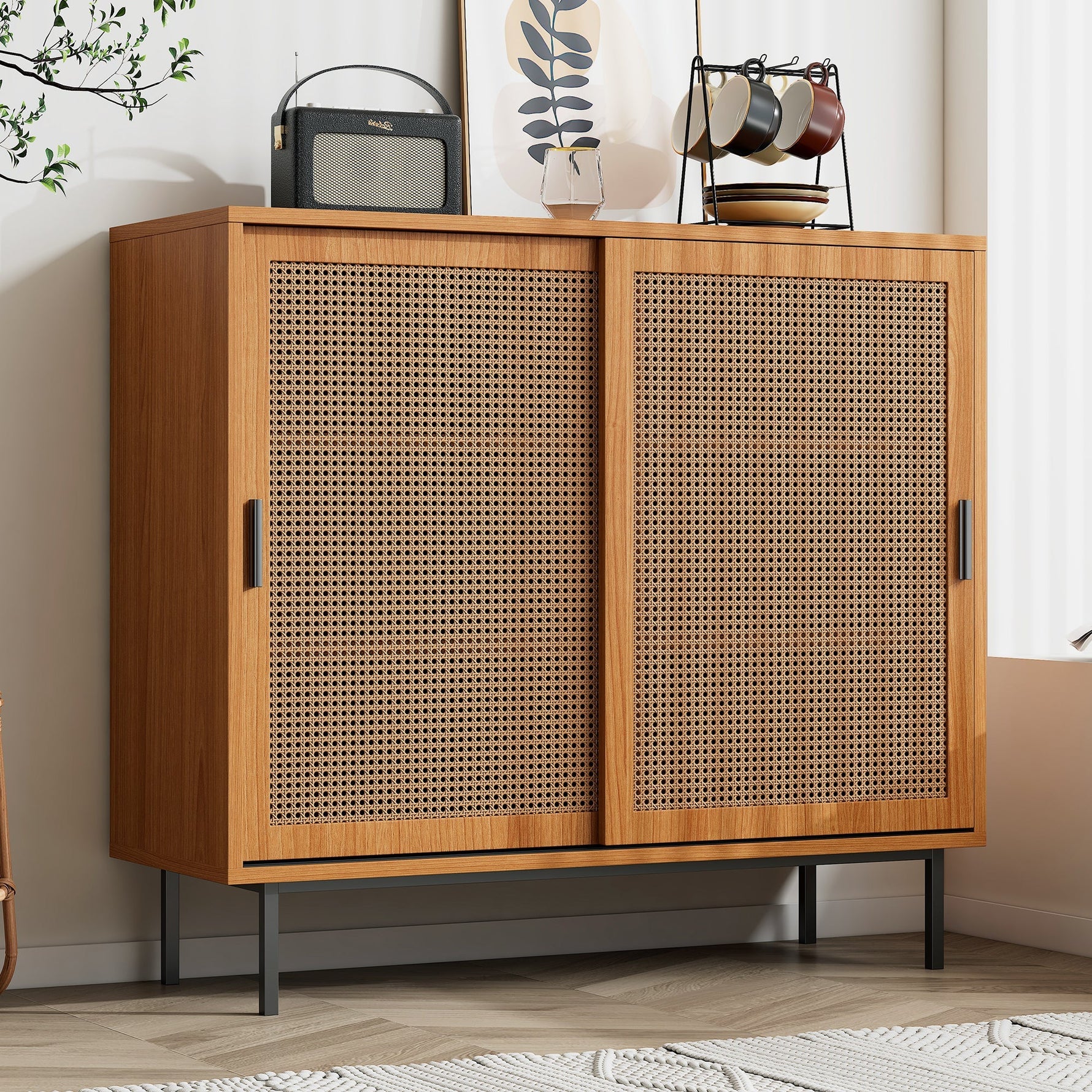 Sideboard kitchen cabinet, chest of drawers with 2 sliding doors and adjustable shelf