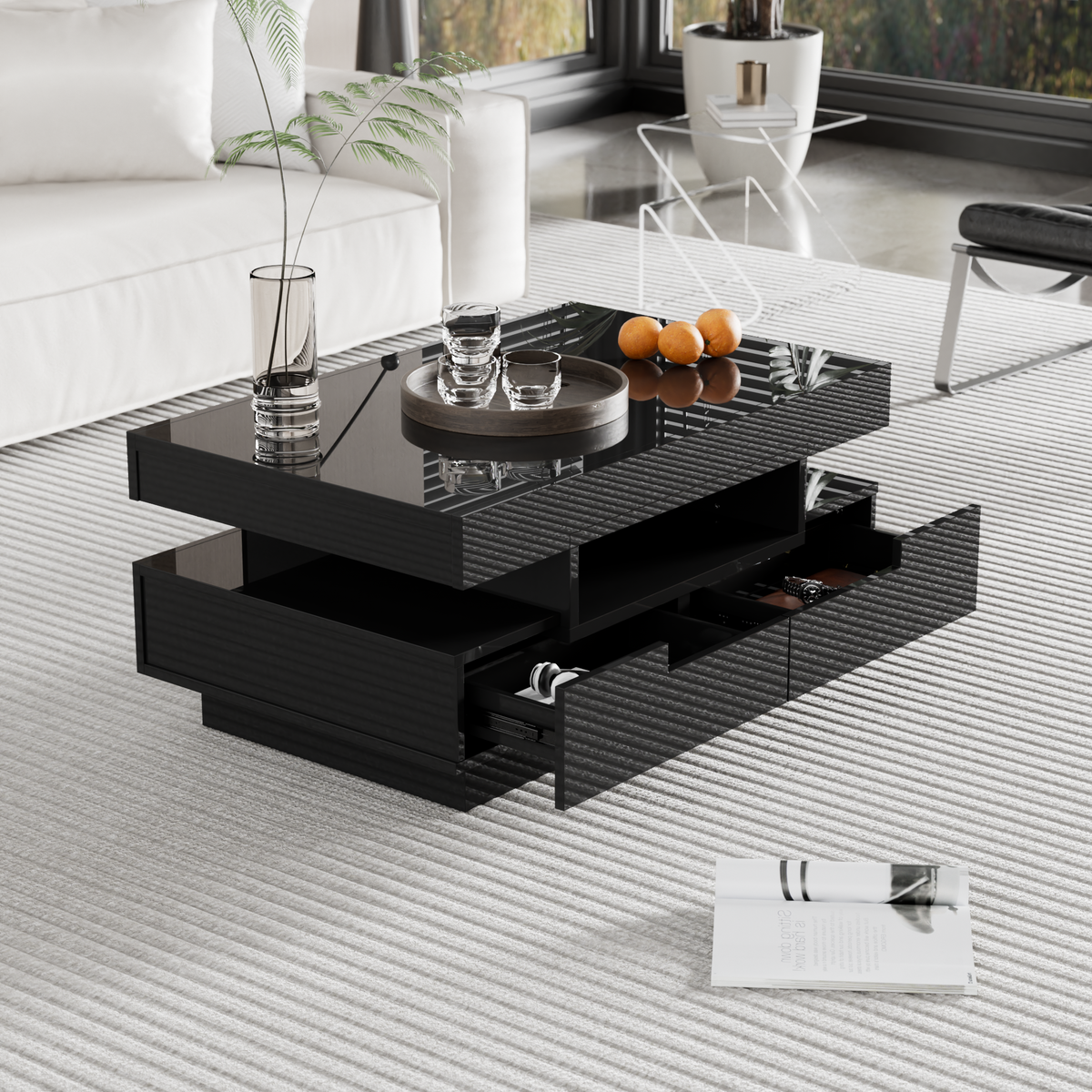 Coffee table, high-gloss with LED light, four drawers, large storage space