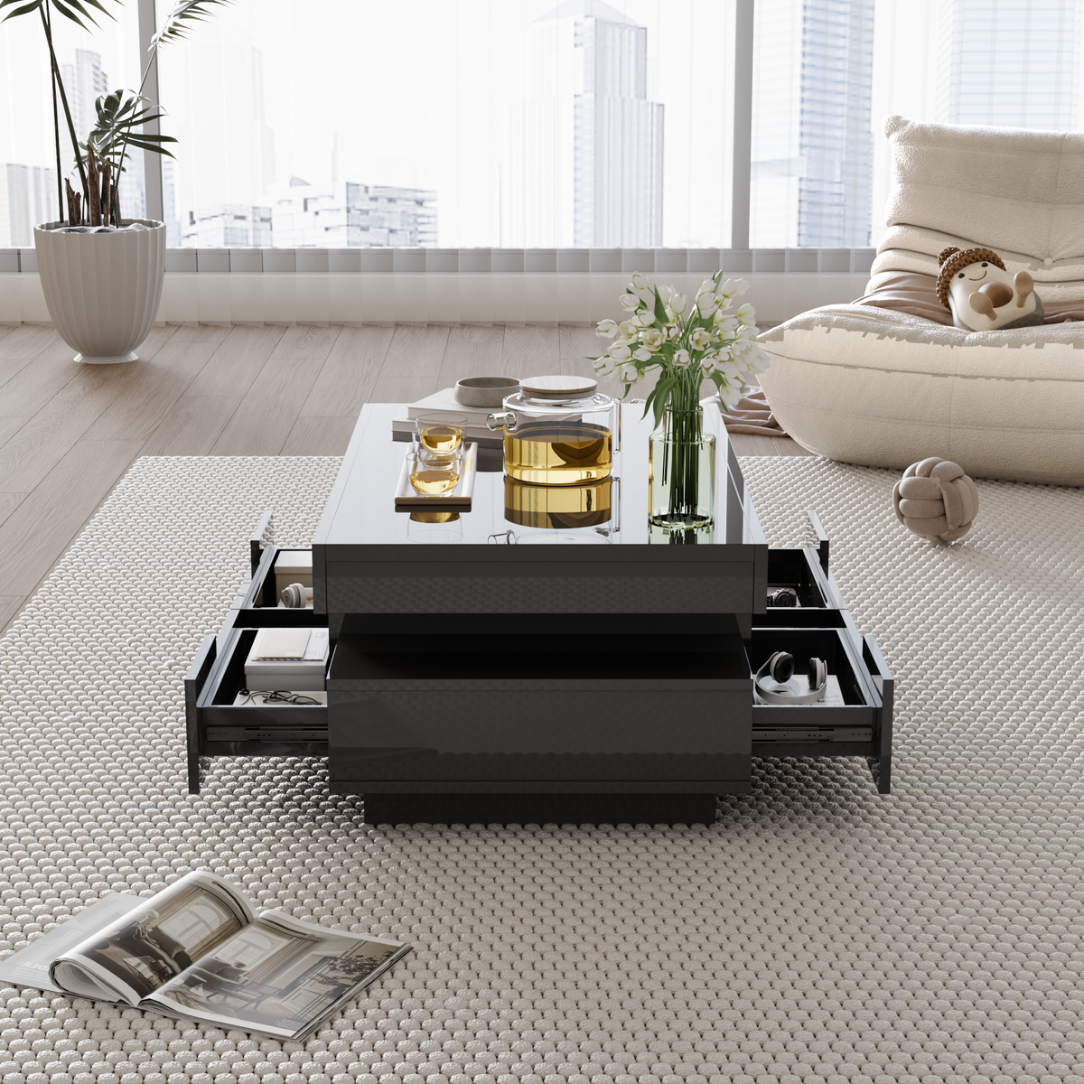 Coffee table, high-gloss with LED light, four drawers, large storage space