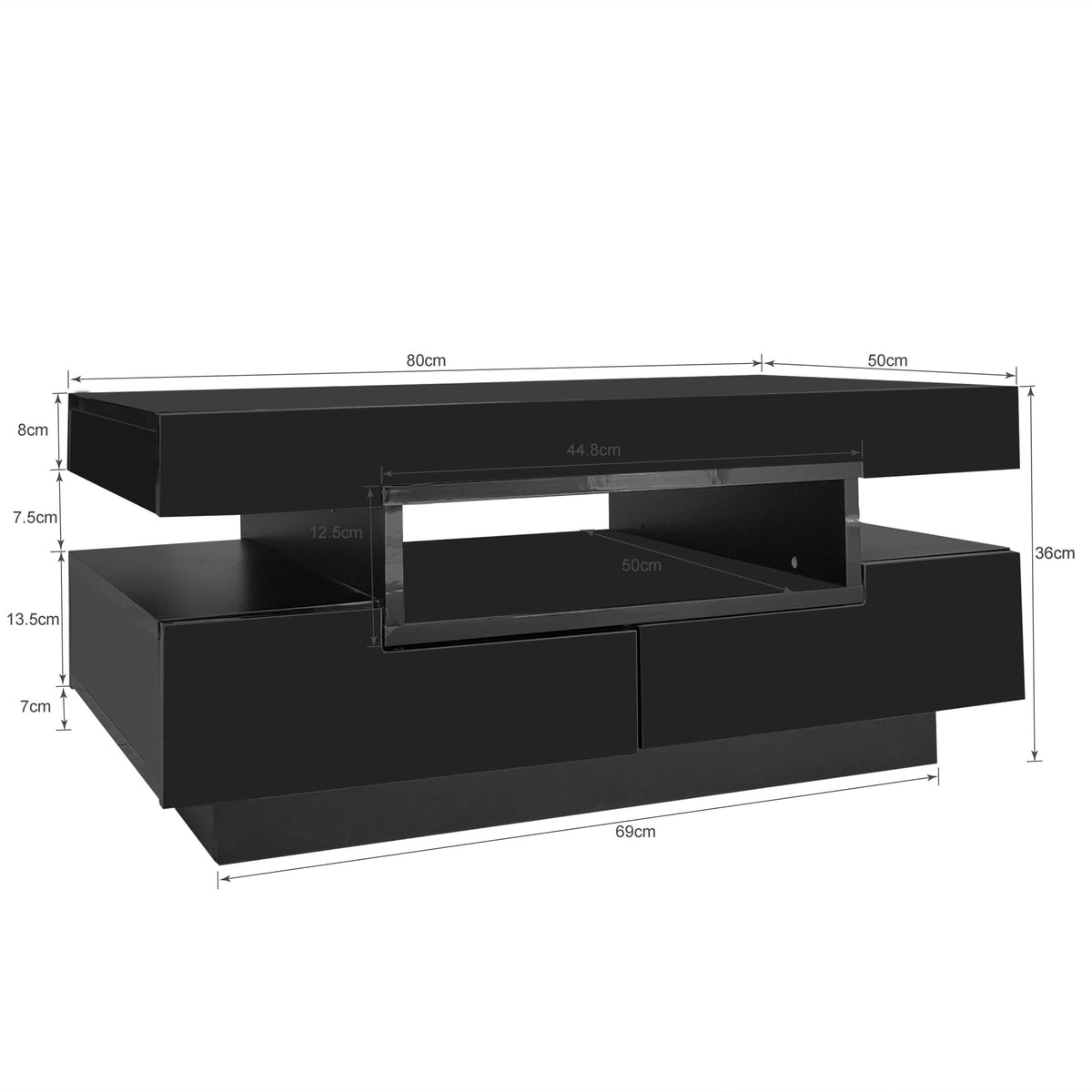 Coffee table, high-gloss with LED light, four drawers, large storage space