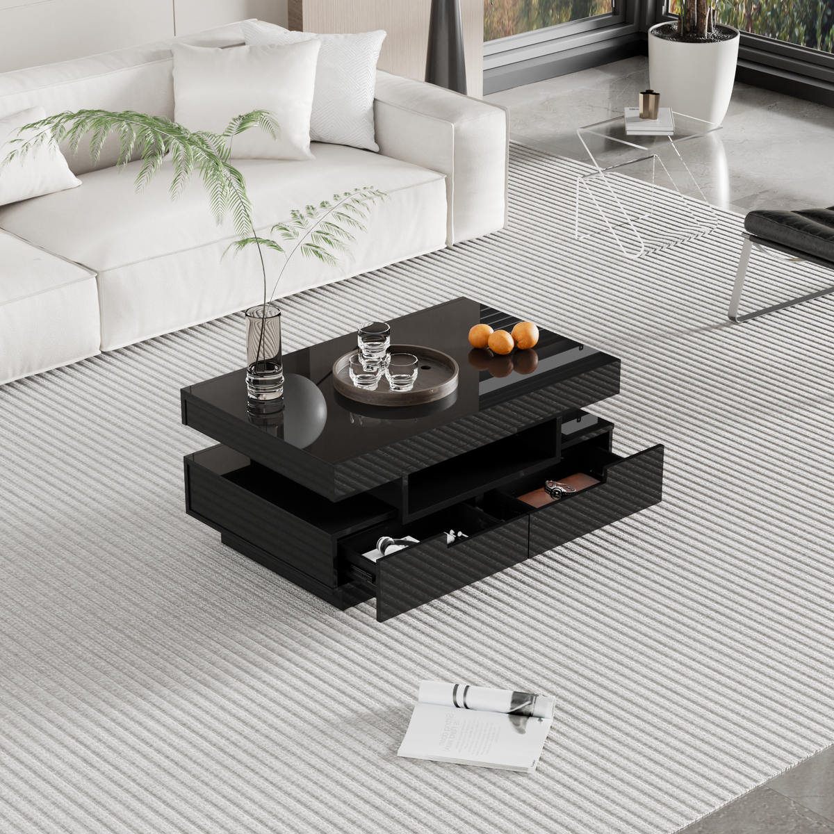 Coffee table, high-gloss with LED light, four drawers, large storage space