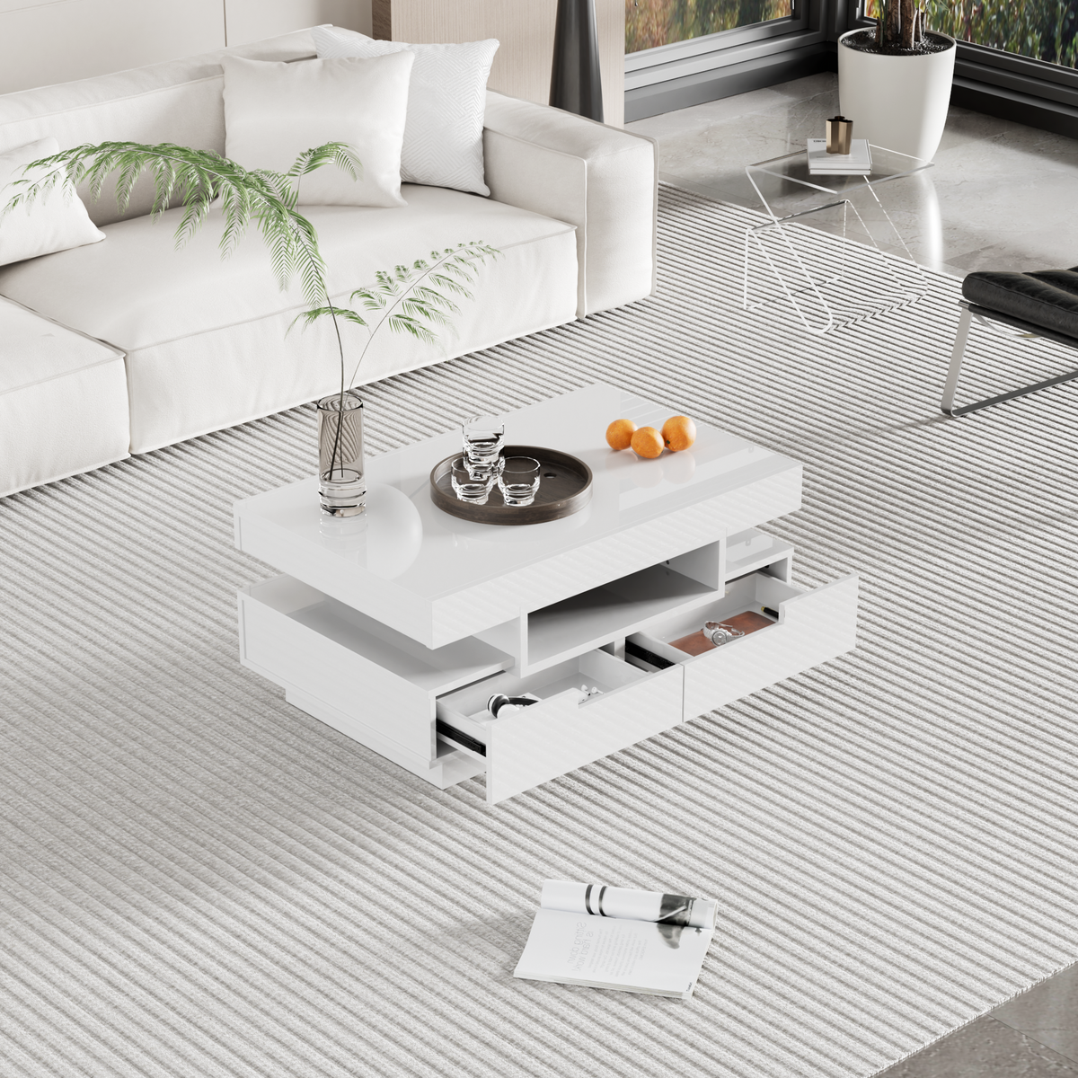 Coffee table high-gloss surface, LED light, four drawers, large storage space