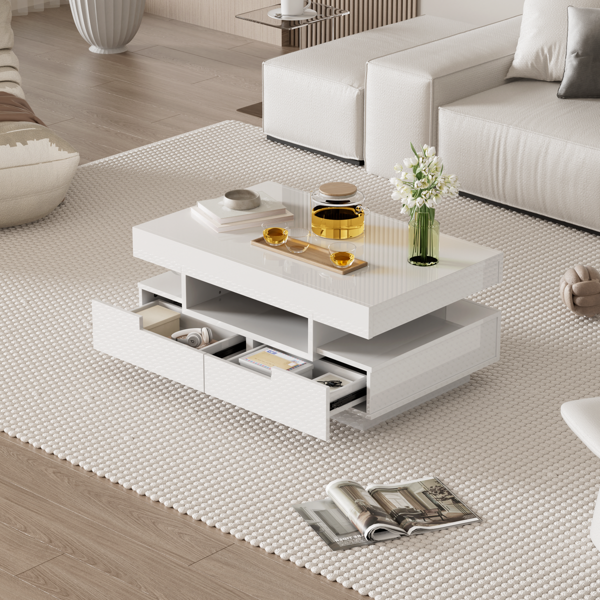 Coffee table high-gloss surface, LED light, four drawers, large storage space