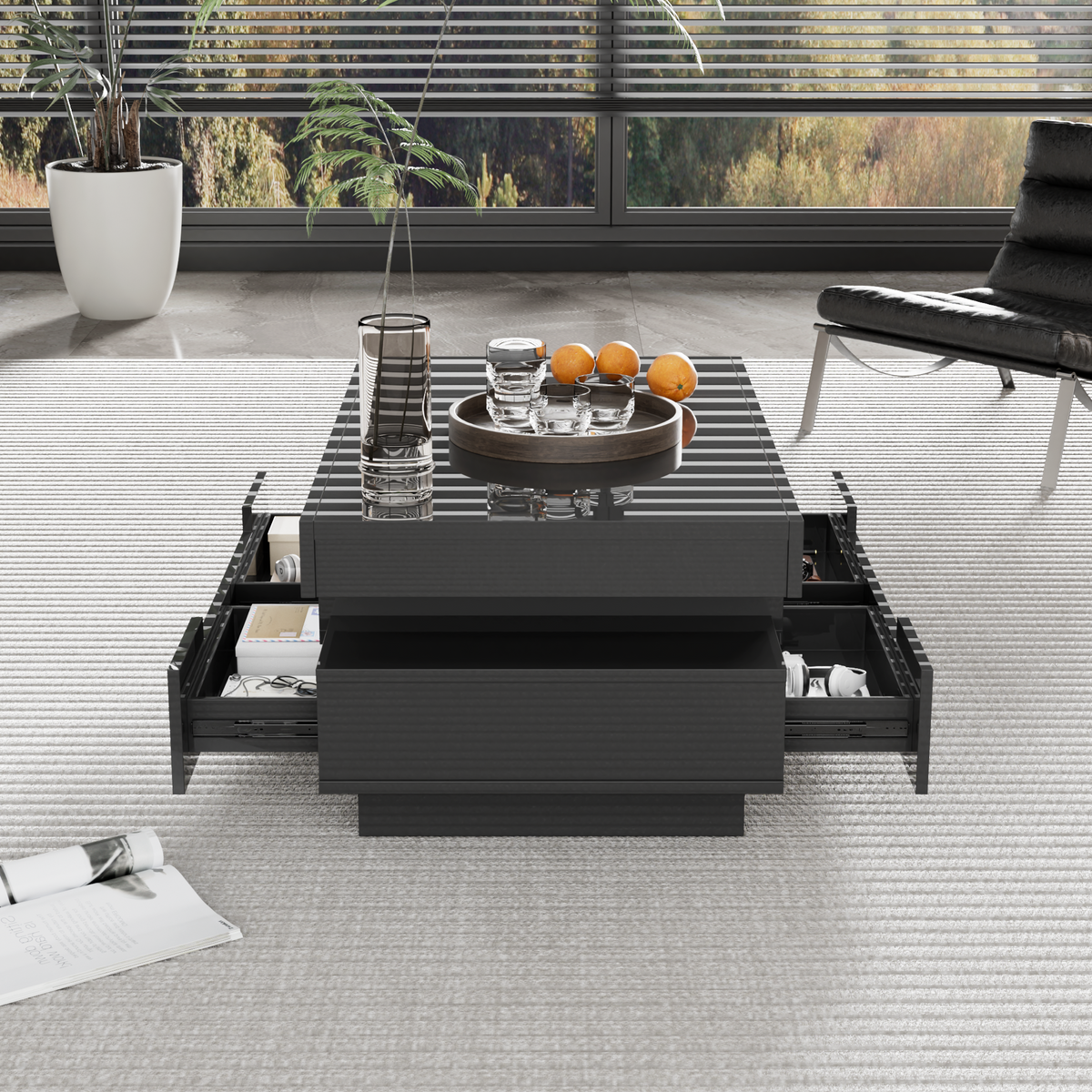 Coffee table, high-gloss with LED light, four drawers, large storage space