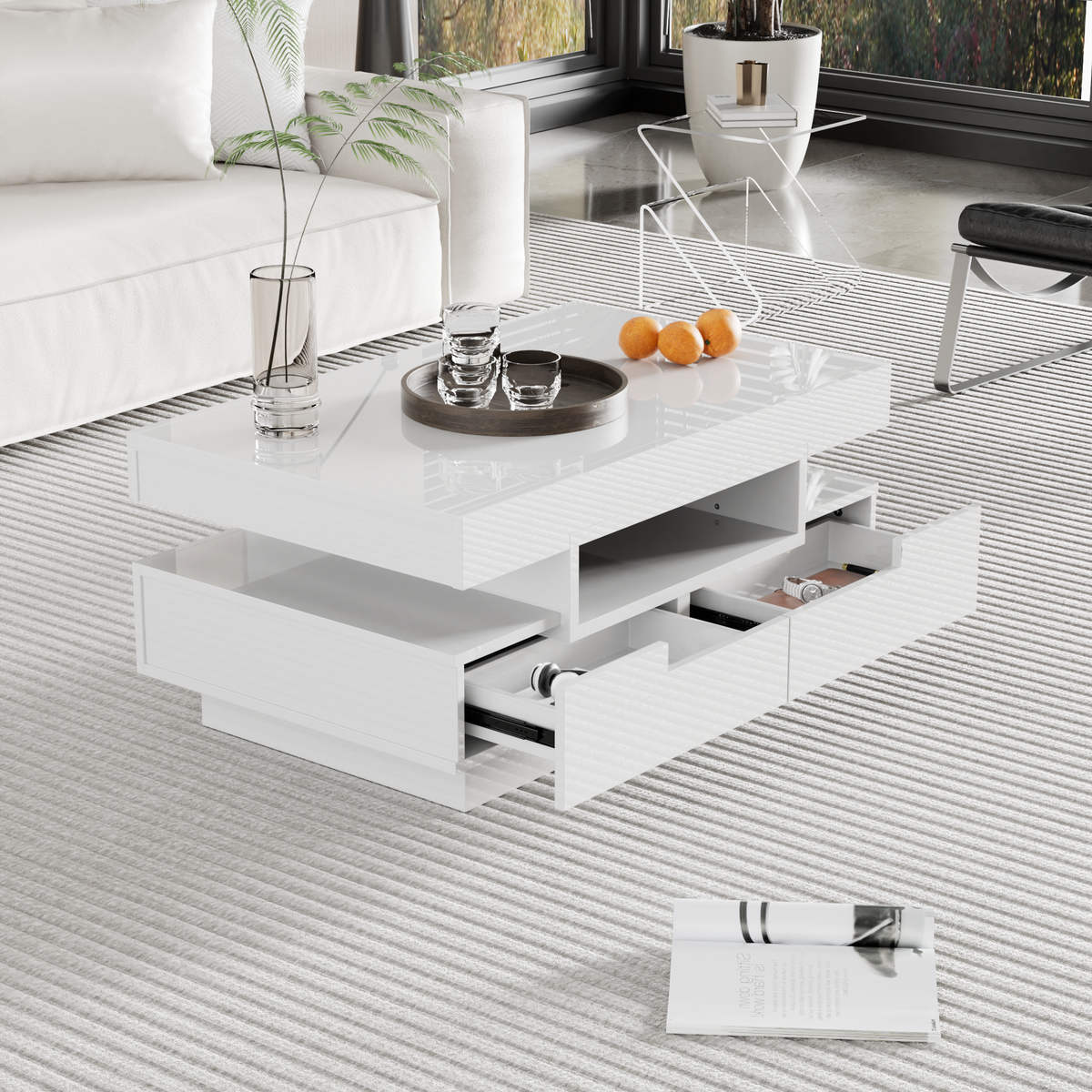 Coffee table high-gloss surface, LED light, four drawers, large storage space
