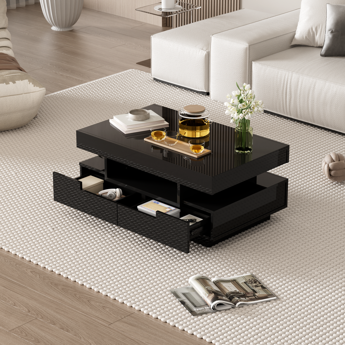 Coffee table, high-gloss with LED light, four drawers, large storage space