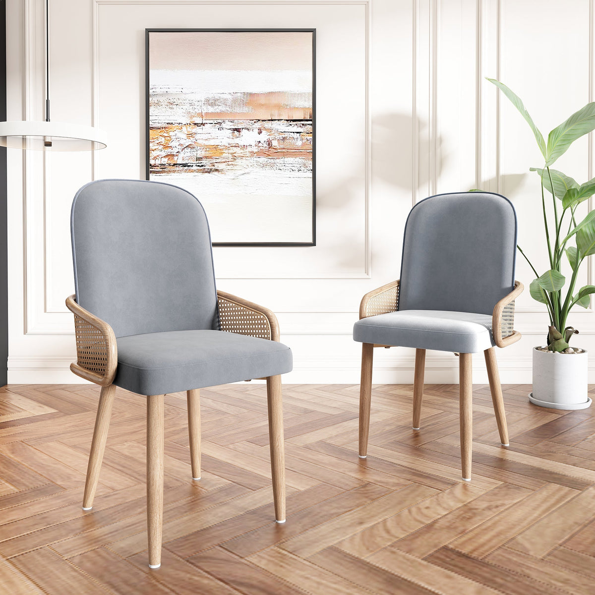 Velvet Dining Chair Set of 6 with Rattan Design and Metal Legs, Grey