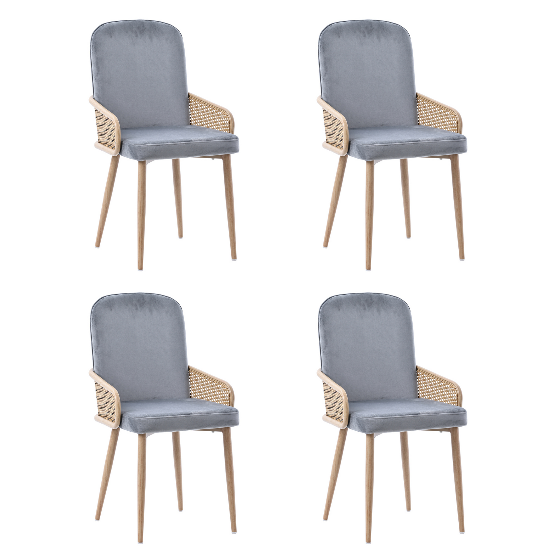 Velvet Dining Chair Set of 4, Rattan Design Metal Legs Wood Grain Effect, Grey