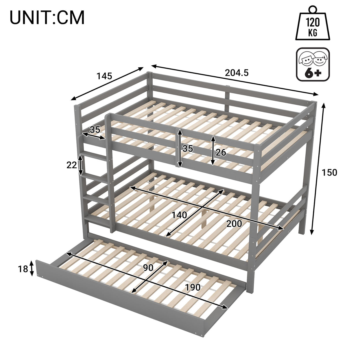 Bunk Bed 140x200cm Pull-Out Bed Stairs High Railings - Grey