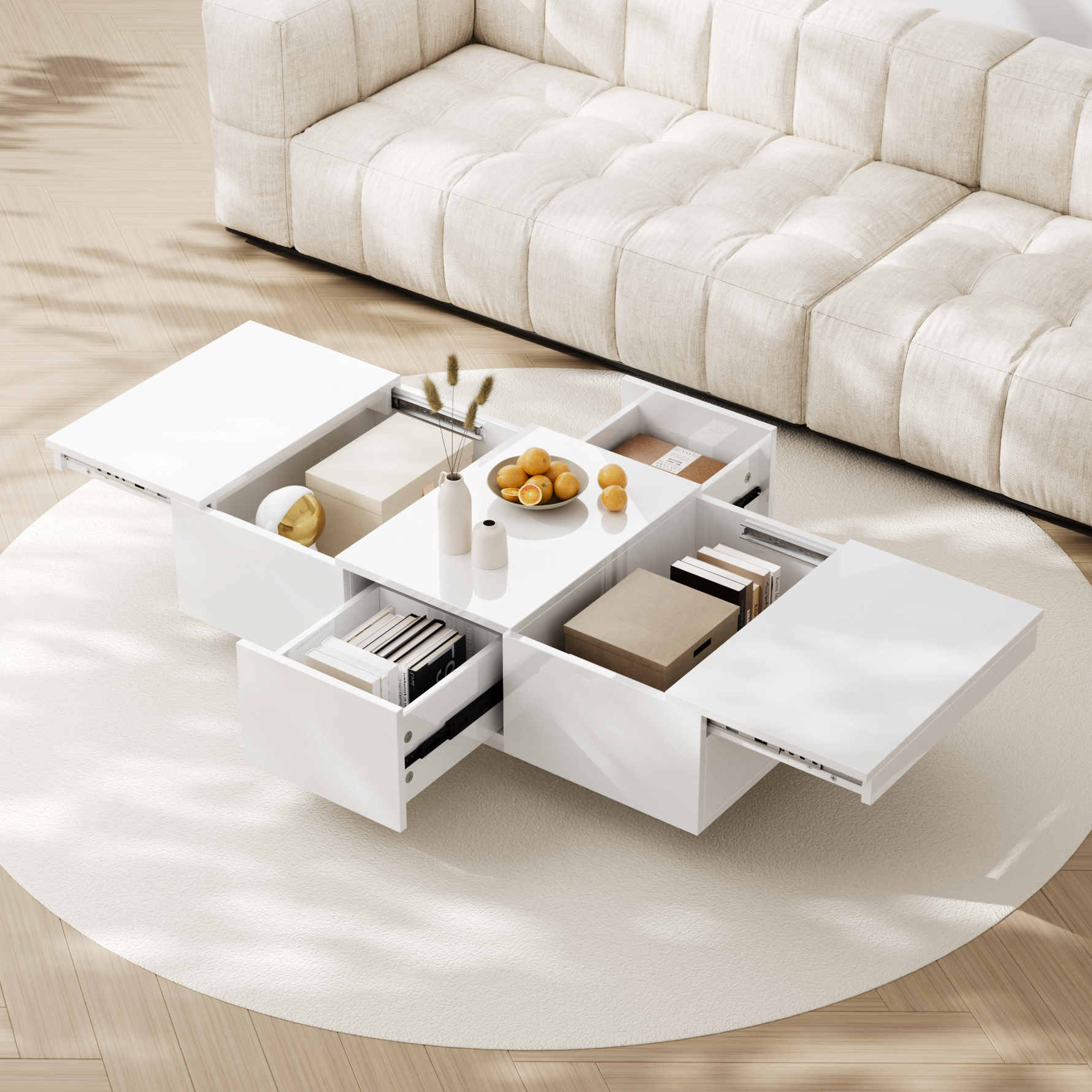 Coffee Table, High Gloss Living Room Table with Push-Pull Storage, Double-Sided Drawers