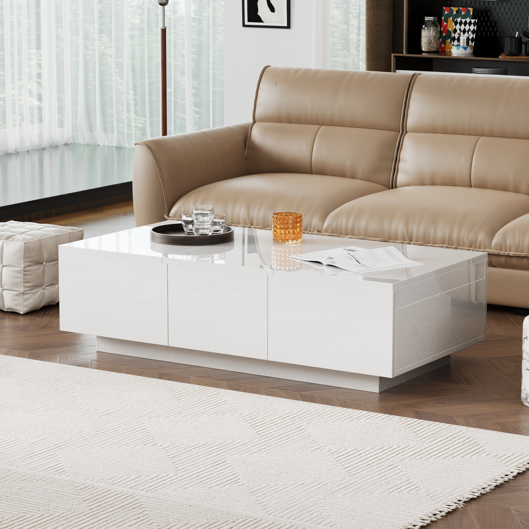 Coffee Table, High Gloss Living Room Table with Push-Pull Storage, Double-Sided Drawers
