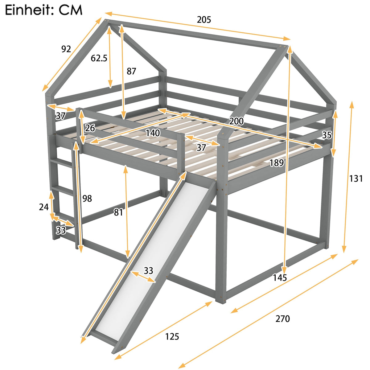 Bunk Bed 140x200cm House Bed Slide & Ladder - Grey