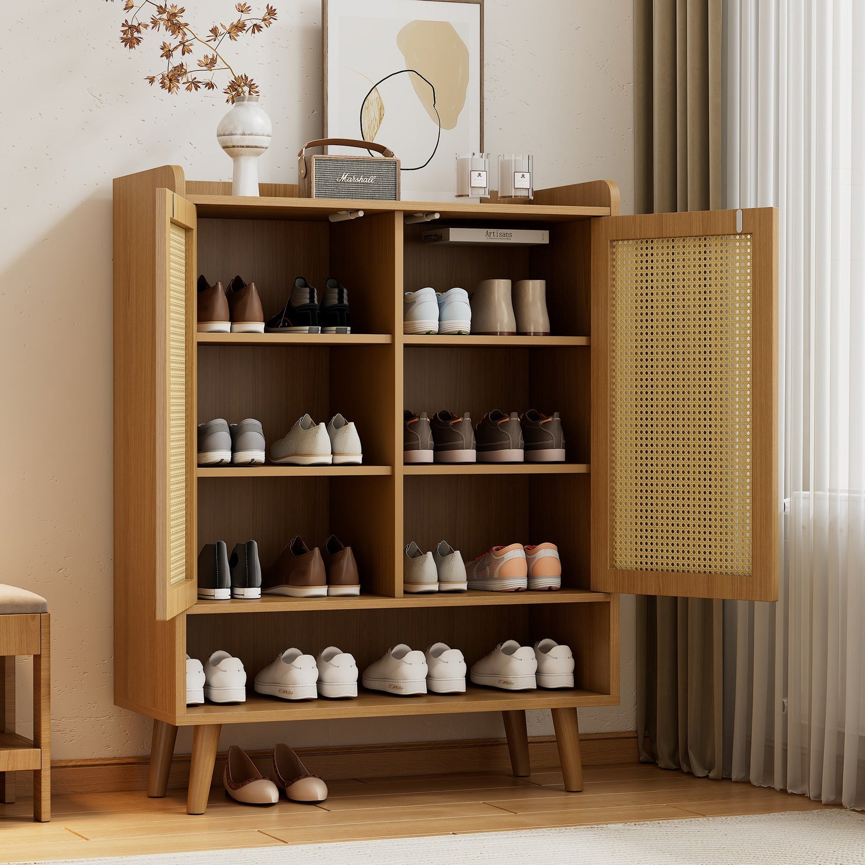 Natural rattan shoe cabinet, 2 doors and 5 shelves, with wooden handles and solid wood legs, 80x105x35 cm