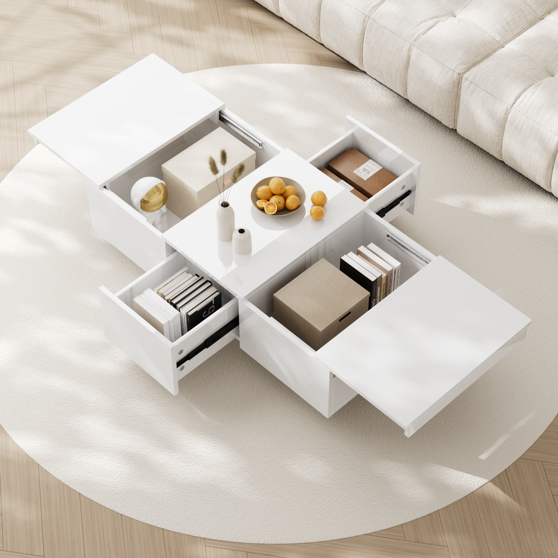 Coffee Table, High Gloss Living Room Table with Push-Pull Storage, Double-Sided Drawers
