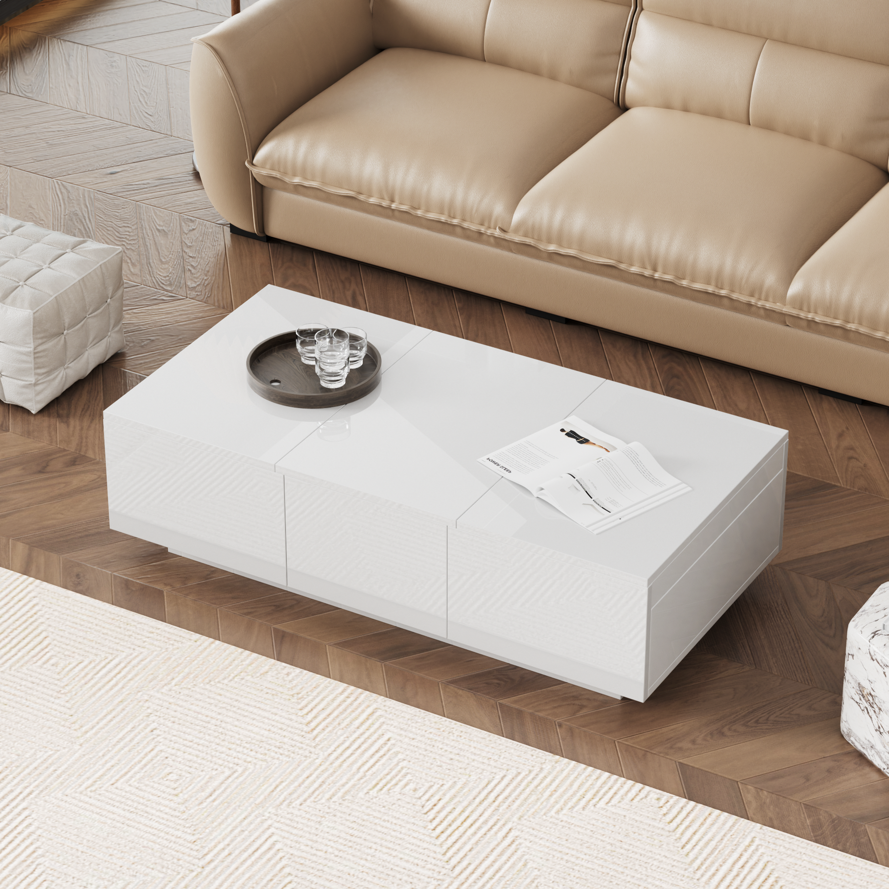 Coffee Table, High Gloss Living Room Table with Push-Pull Storage, Double-Sided Drawers