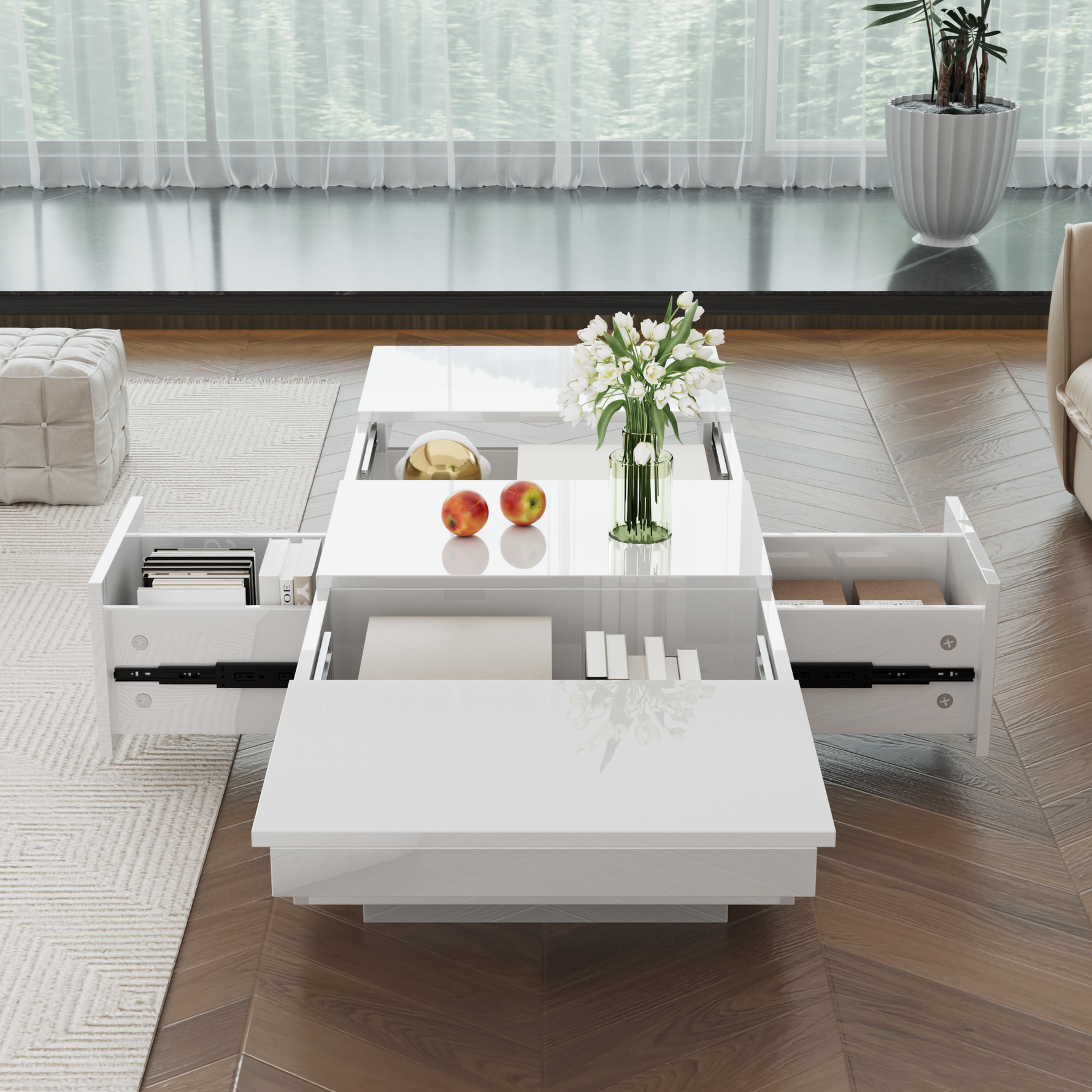 Coffee Table, High Gloss Living Room Table with Push-Pull Storage, Double-Sided Drawers