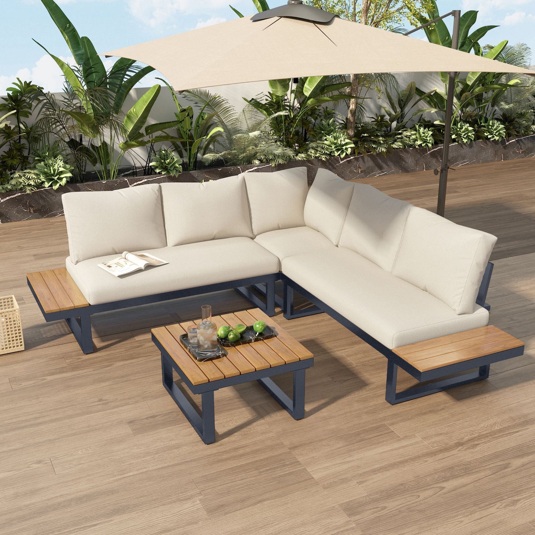 Garden Leisure Set Corner Adjustable Reclining with Coffee Table - Beige/Grey