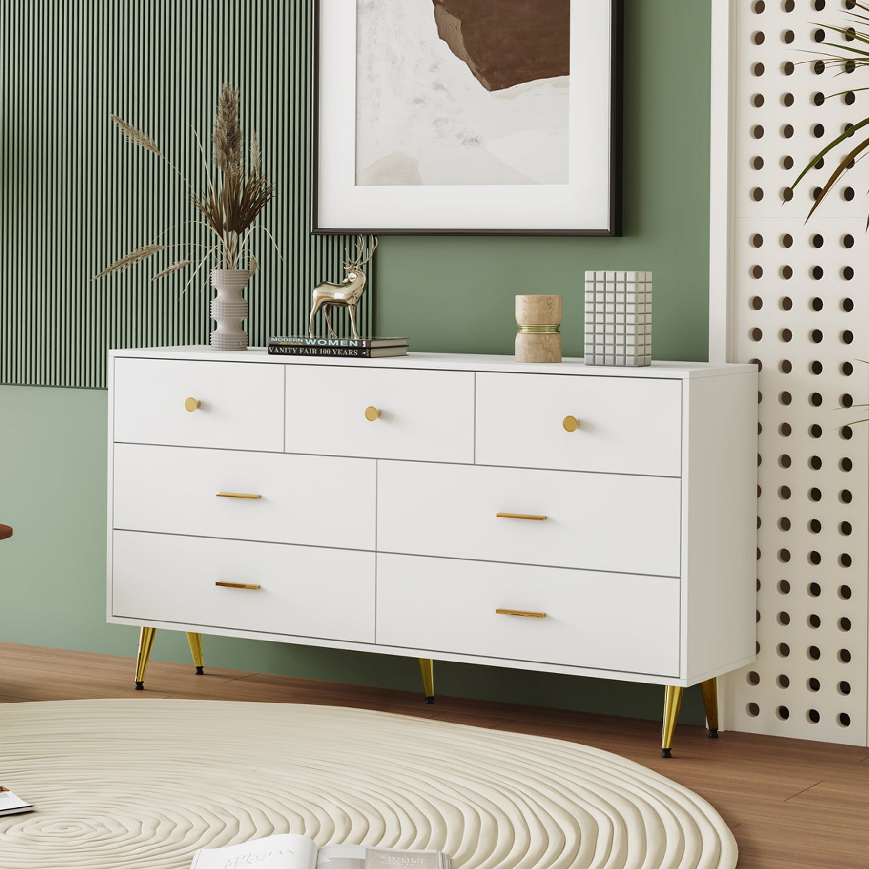 Sideboard, 7-Drawer, Gold Handles & Legs, 140x35x76cm, White