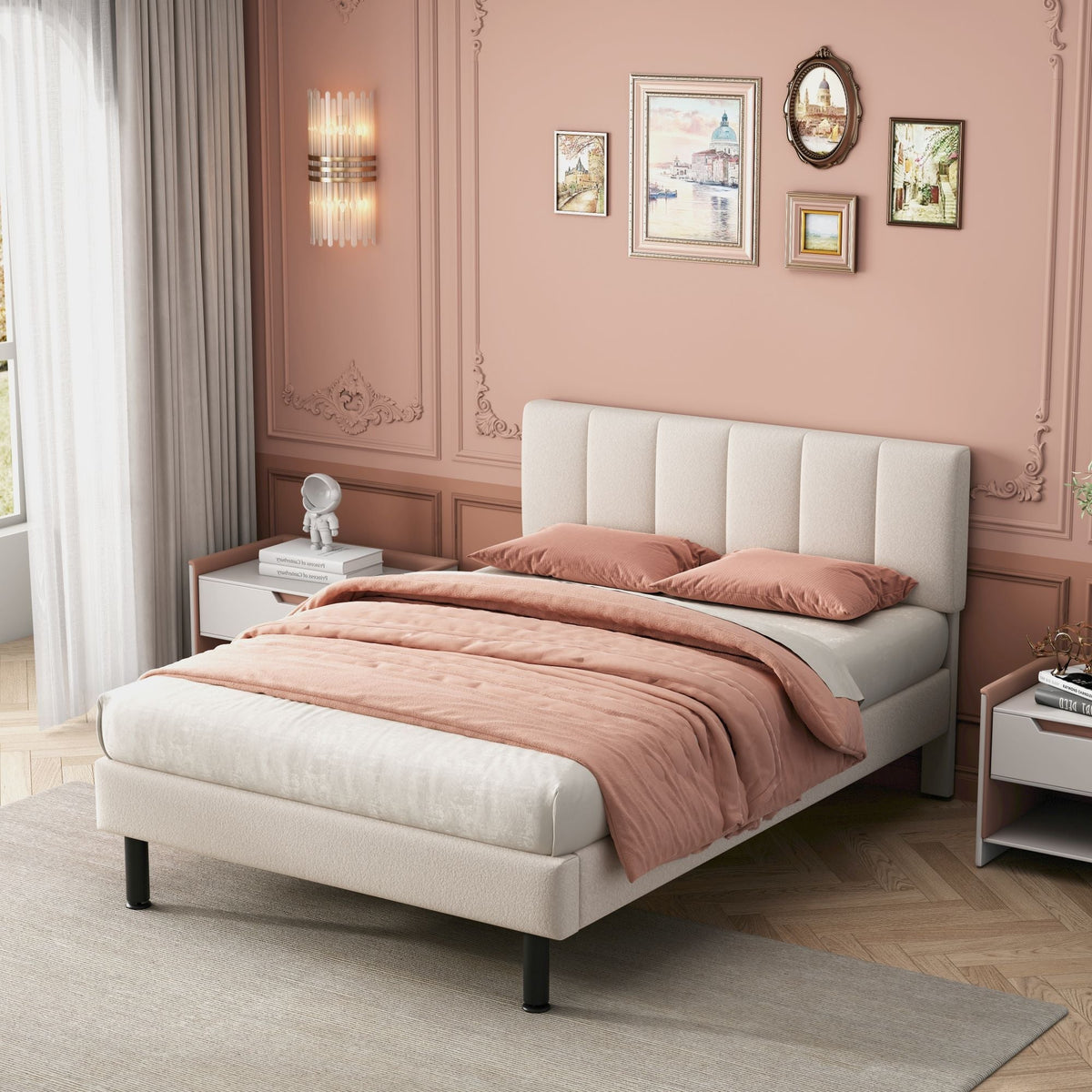 Upholstered Bed 140x190 Slatted Base Iron Legs Sherpa Fabric Beige