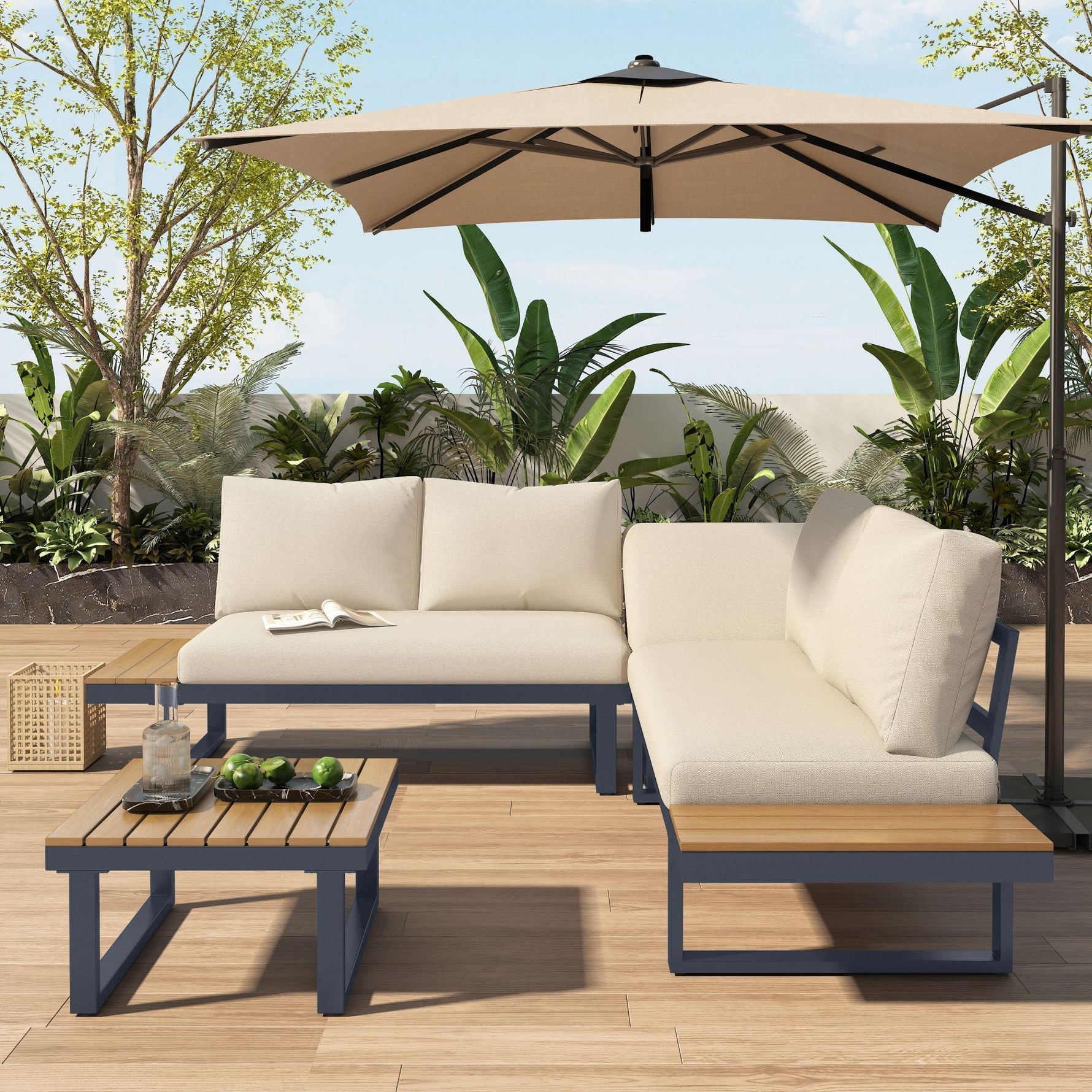 Garden Leisure Set Corner Adjustable Reclining with Coffee Table - Beige/Grey