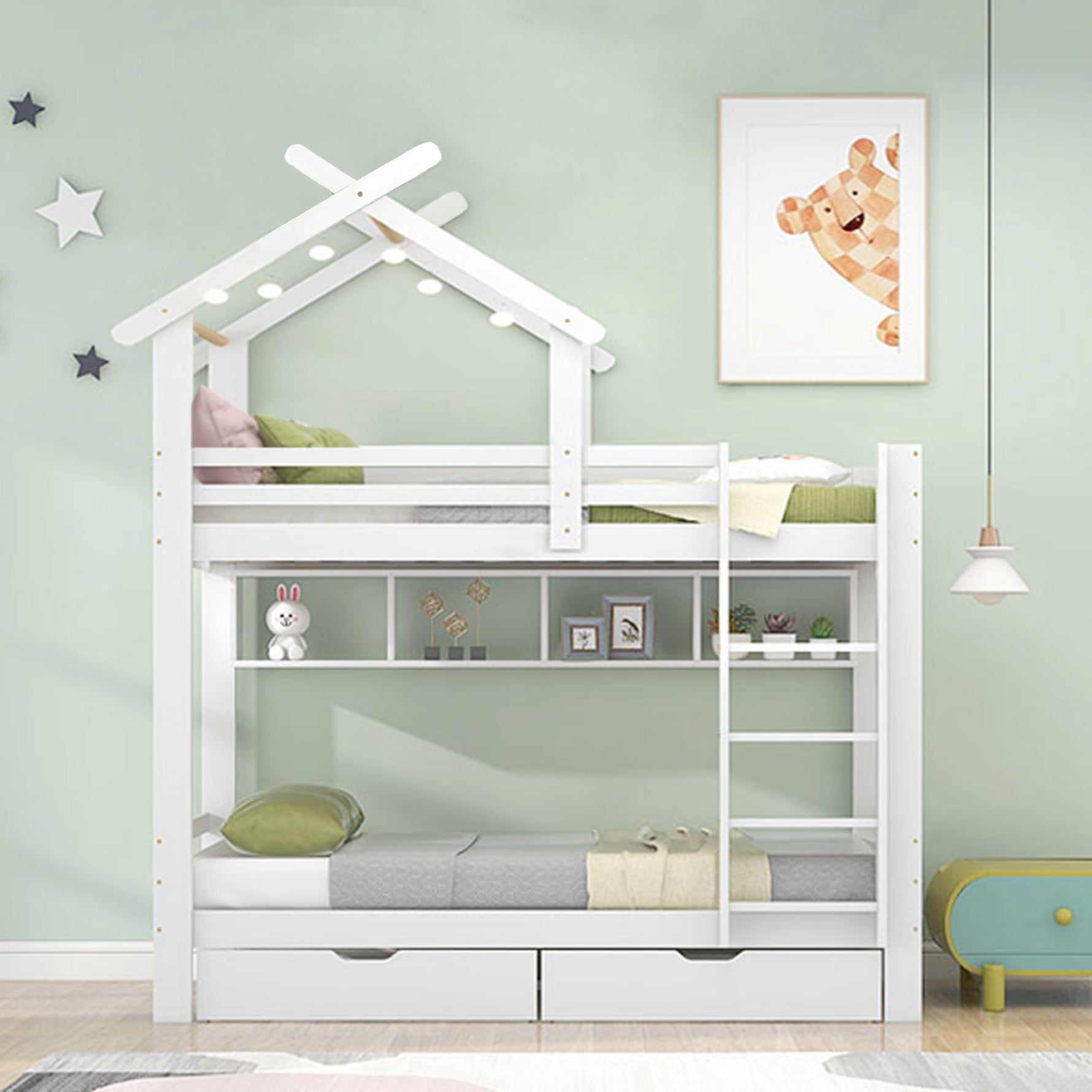 Bunk Bed with Drawers, Shelves & Ladder, Pinewood Frame, White