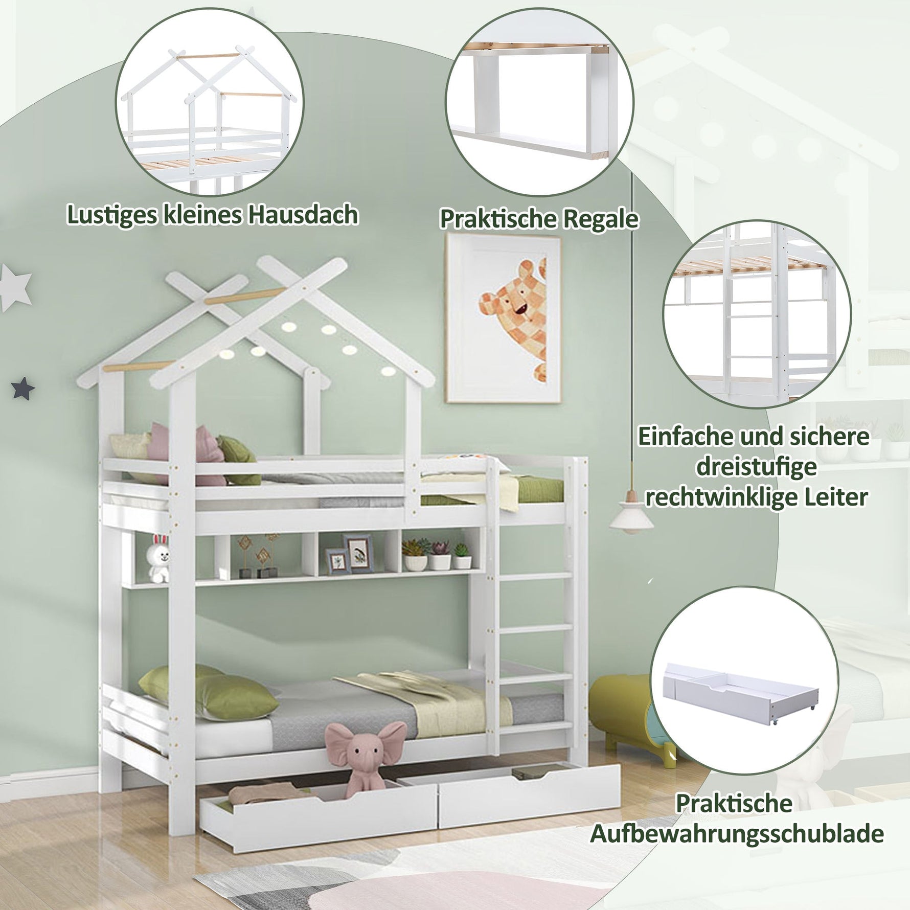 Bunk Bed with Drawers, Shelves & Ladder, Pinewood Frame, White