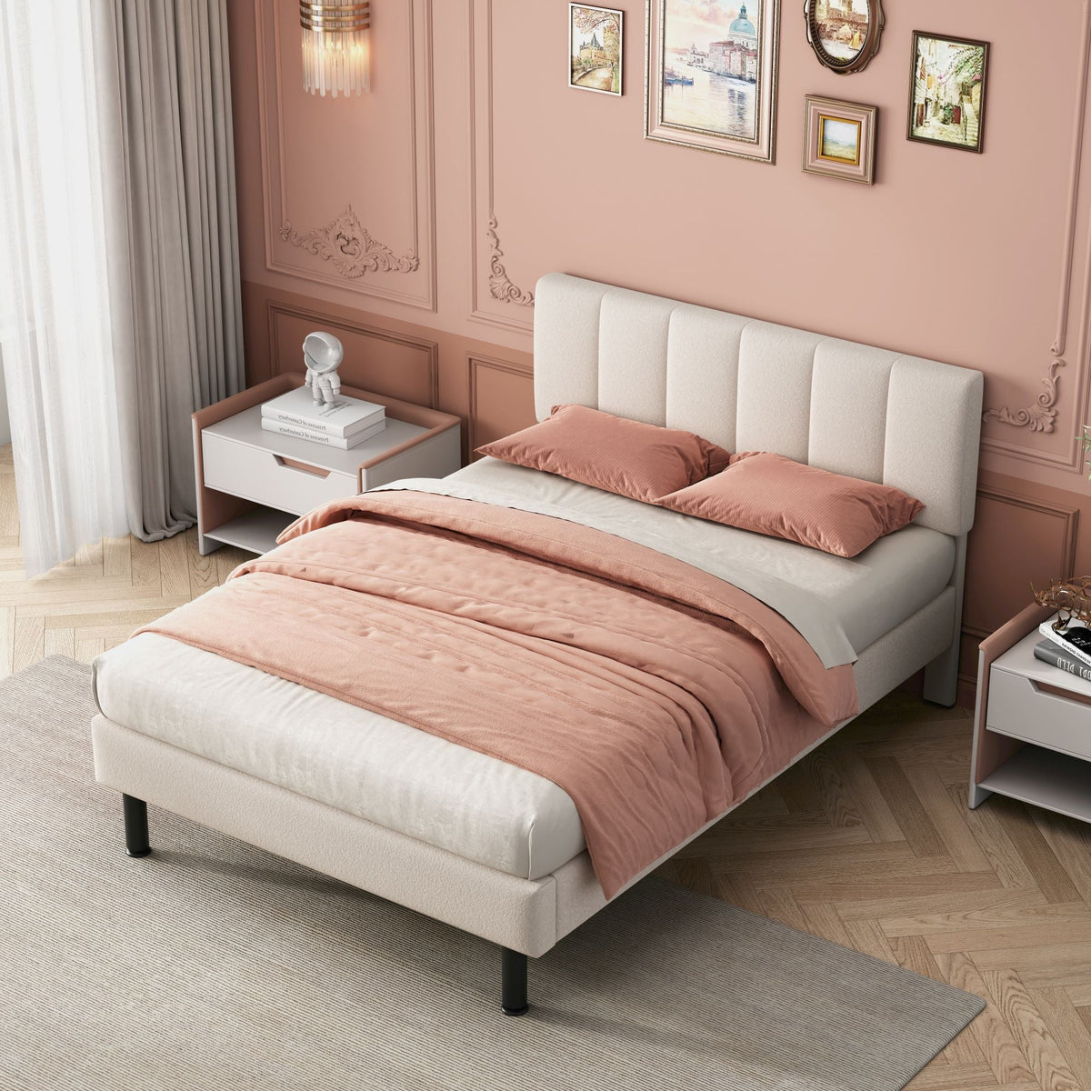Upholstered Bed 140x190 Slatted Base Iron Legs Sherpa Fabric Beige
